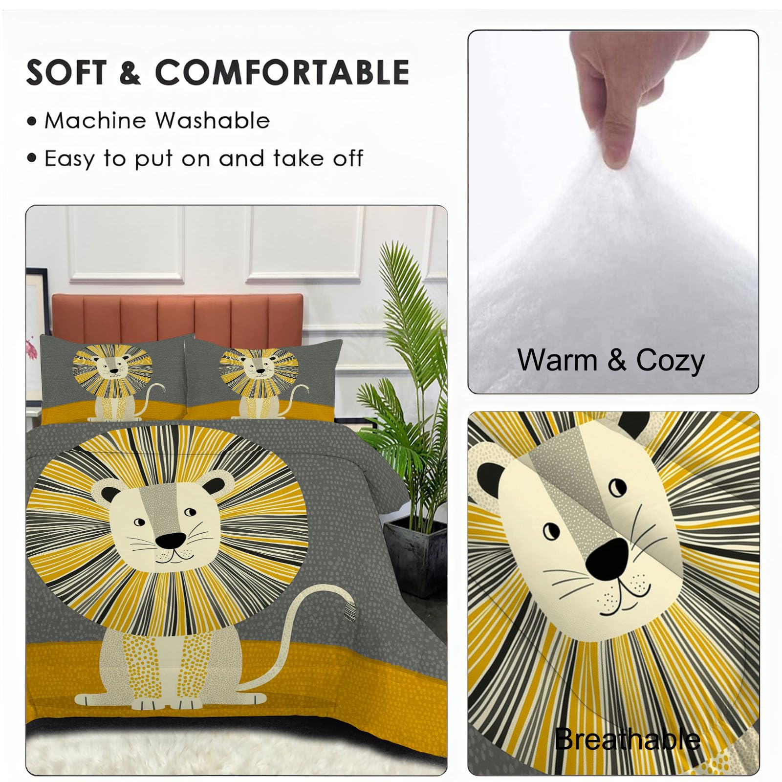 Trapunta Invernale in Ecopiuma, 240x220cm Set Piumone Bambino Imbottita 200 gr/mq Caldo e Morbido Piumino Trapuntato Leone Dei Cartoni Animati Coperta Letto Reversibile per 4 Stagioni, Giallo