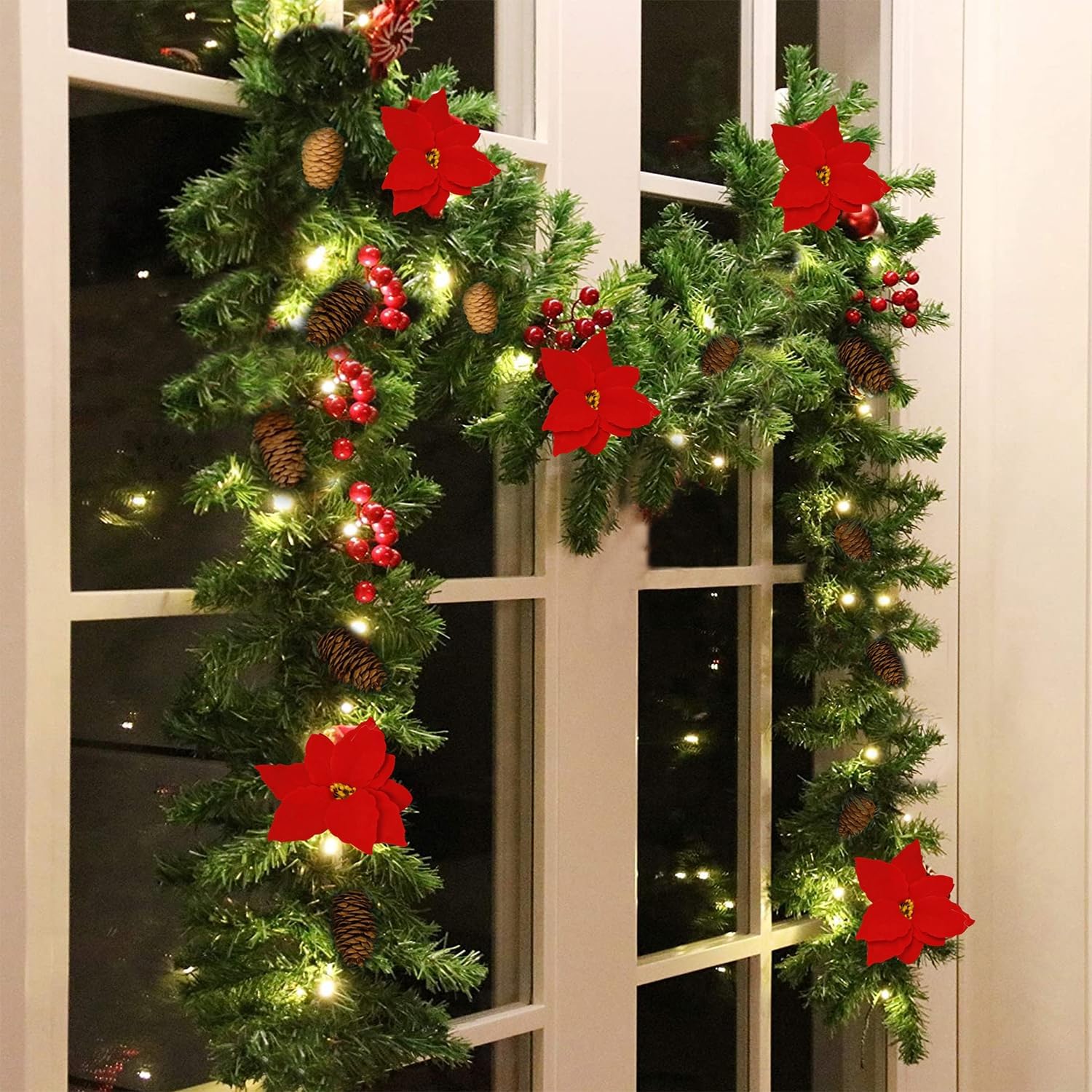 Hausse 9 FT Pre-lit Christmas Garland, Lighted Artificial Xmas Garlands Decorations Greenery with Poinsettia Berries Cones, LED Lights with Timer, Light Up for Indoor Outdoor Home Gate Garden Decor