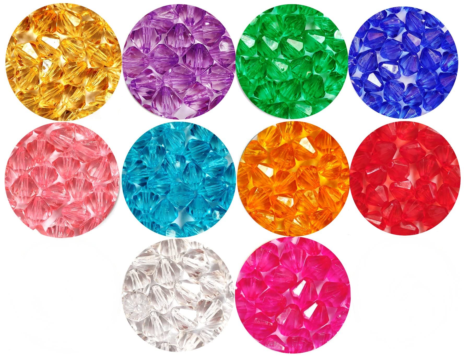 GoSetGet! 500 pcs Macrame Crystal Plastic Beads 10mm Bicone, Decorative High Sparkle Cutting Crystal Beads for Making Hanging Macrame, Jhula, Torana, Jhumar. Pack of 10 Colors (500)
