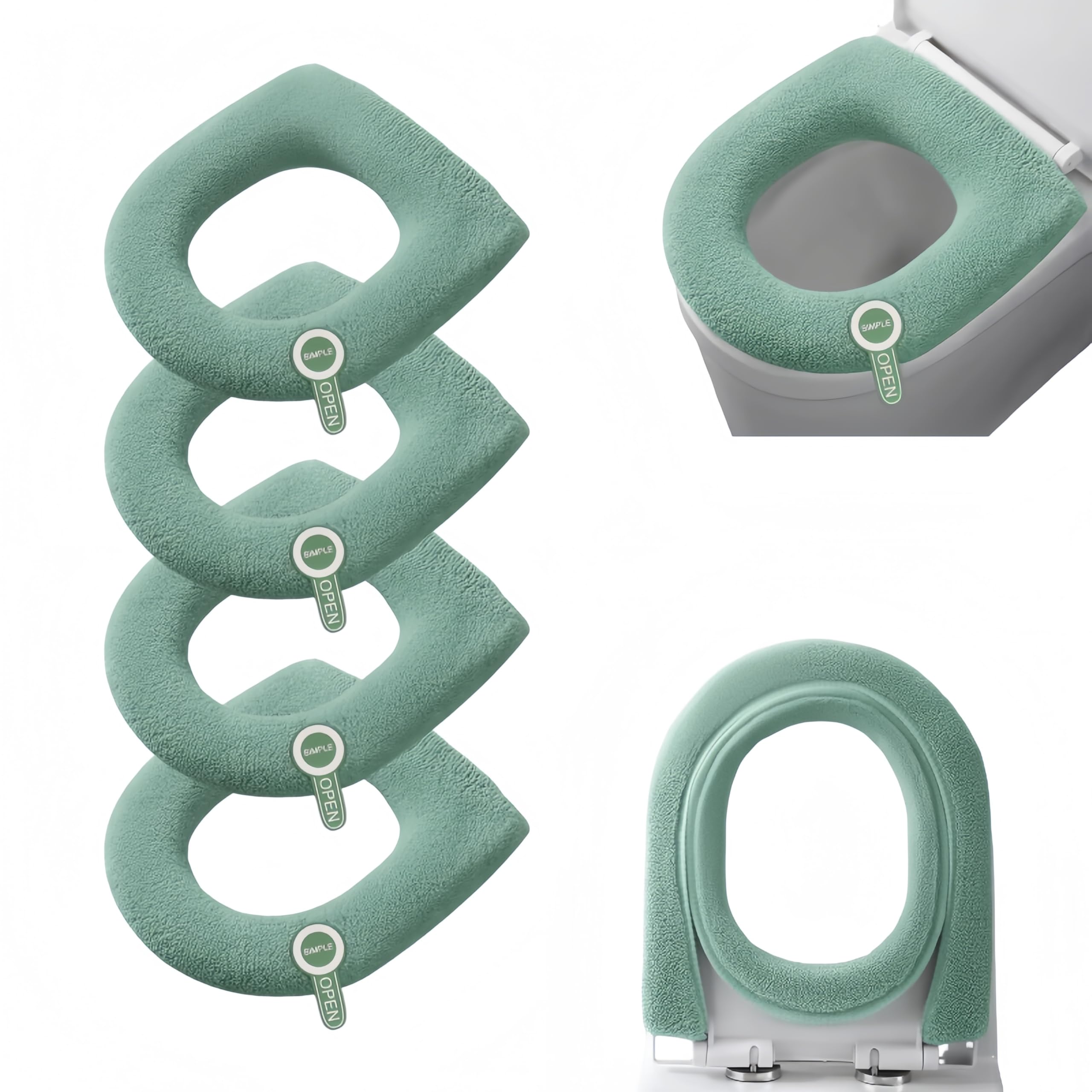 4-Pack Bathroom Washable Toilet Seat Cover Pads - Universal Fit for Elongated/Round Toilets, Winter Warmth & Summer Breathability for Family Bathroom Comfort (Dark green)