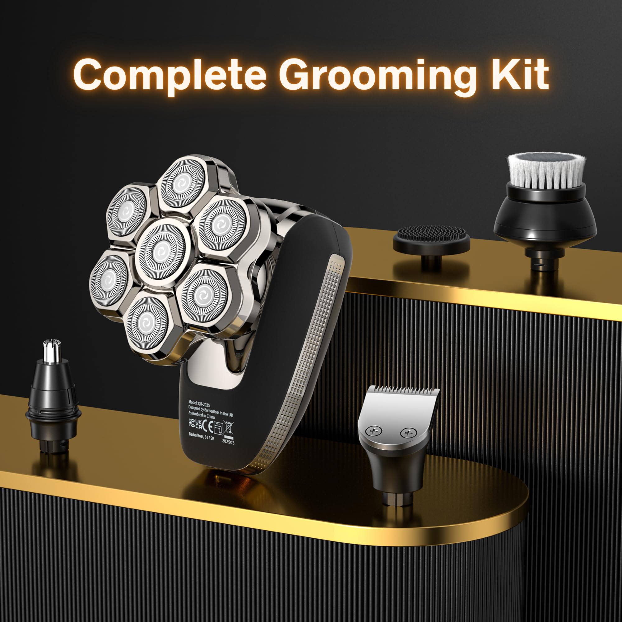 BarberBoss Rasoir à tête chauve 7D pour homme – Rasoir rotatif magnétique, toiletteur électrique 5 en 1 avec écran LED, charge USB-C, tondeuse à barbe et nez, kit de toilettage facial tout-en-un