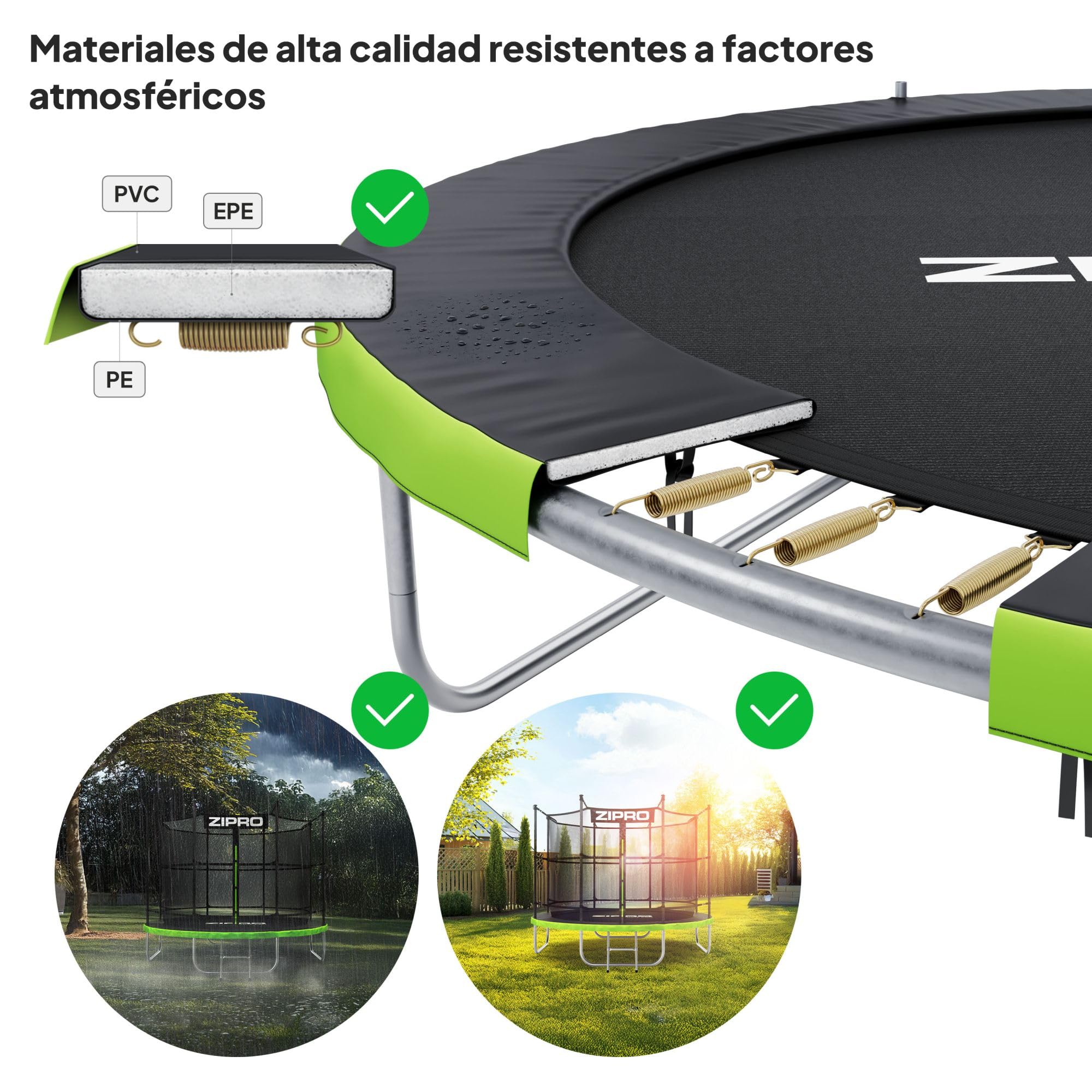 ZIPRO JumpPro IN Trampolín Exterior, Cama Elástica para Niños, con Red Interna, Resistente a la Intemperie, Protección UV, Montaje Fácil, Soporta 100-150 kg, Ø 183/252/312/374/435/496 cm
