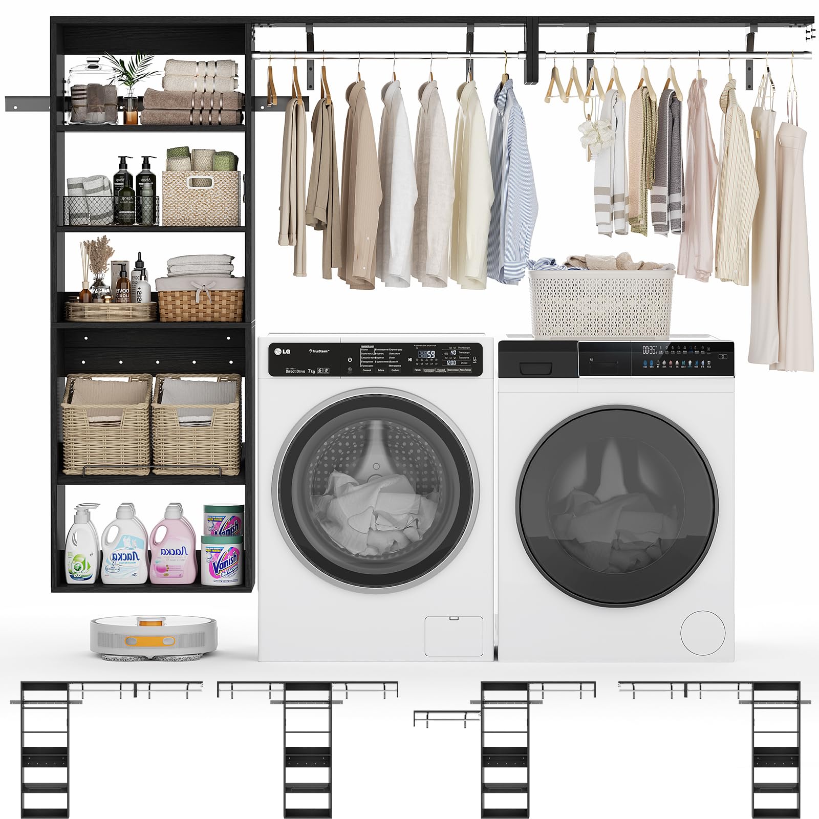 Unikito Over Washer and Dryer Storage Shelf, 8FT Wall Mounted Laundry Room Organizer, Space Saver Clothes Drying Rack with Hanger Rod, 6-Tier Heavy-Duty Closet System with Adjustable Shelves, Black