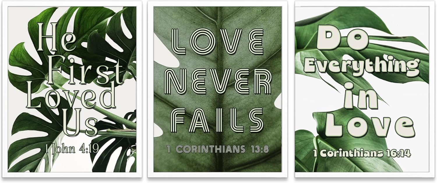 Boho Botanical Bible Verse Photography Prints, Unframed, Set of 3, 1 Corinthians 13:9, 1 Corinthians 16:14, 1 John 4:19, Bohemian Plant Home and Wall Room Decor (16x20)