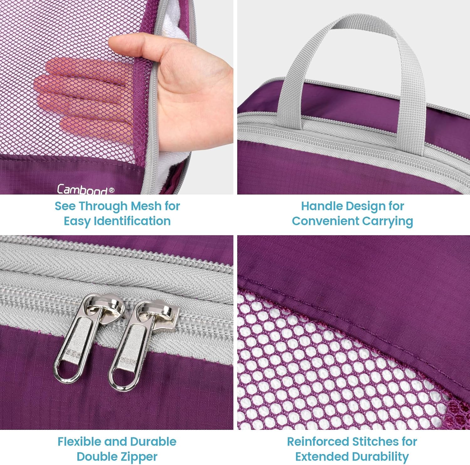 Cambond Compression Packing Cubes - 7 Piece See Through Mesh Packing Cubes for Travel with Underwear Laundry Makeup Bag, Expandable Travel Packing Suitcase Organizers for Family Vacation, Purple