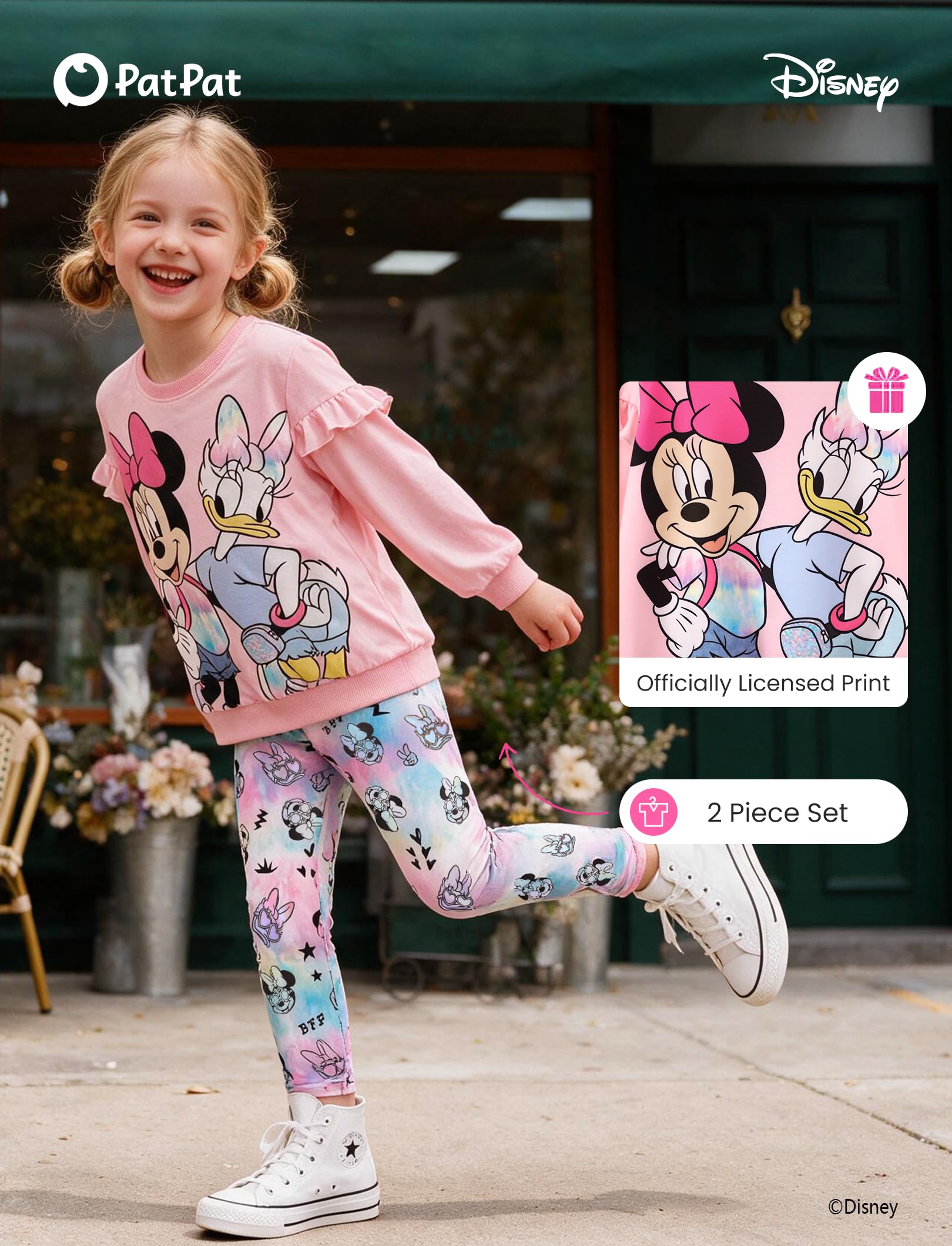 Disney Frozen Minnie Mouse Stitch Princess Herbst Kleinkind Mädchen Outfit 2-teiliges Mädchen Kleidung Langarm Sweatshirt und Leggings | Offizielles Lizenzprodukt, kräftiger Charakterdruck, Rüschen-Schulter, bequeme Passform, weiches Gefühl, leicht