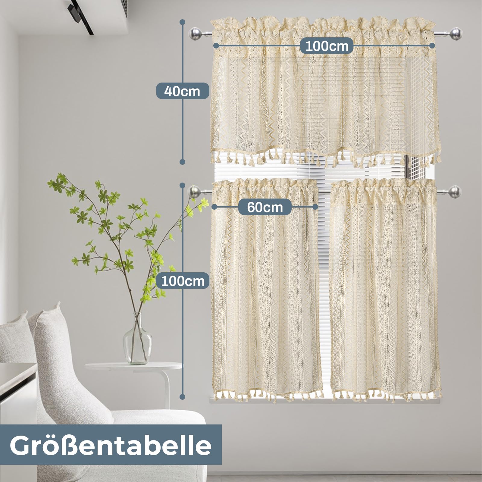 Rideau Brise-Bise Bohème Vintage Avec Pompons - 100x40cm Semi-Transparent Pour Cuisine Et Salon