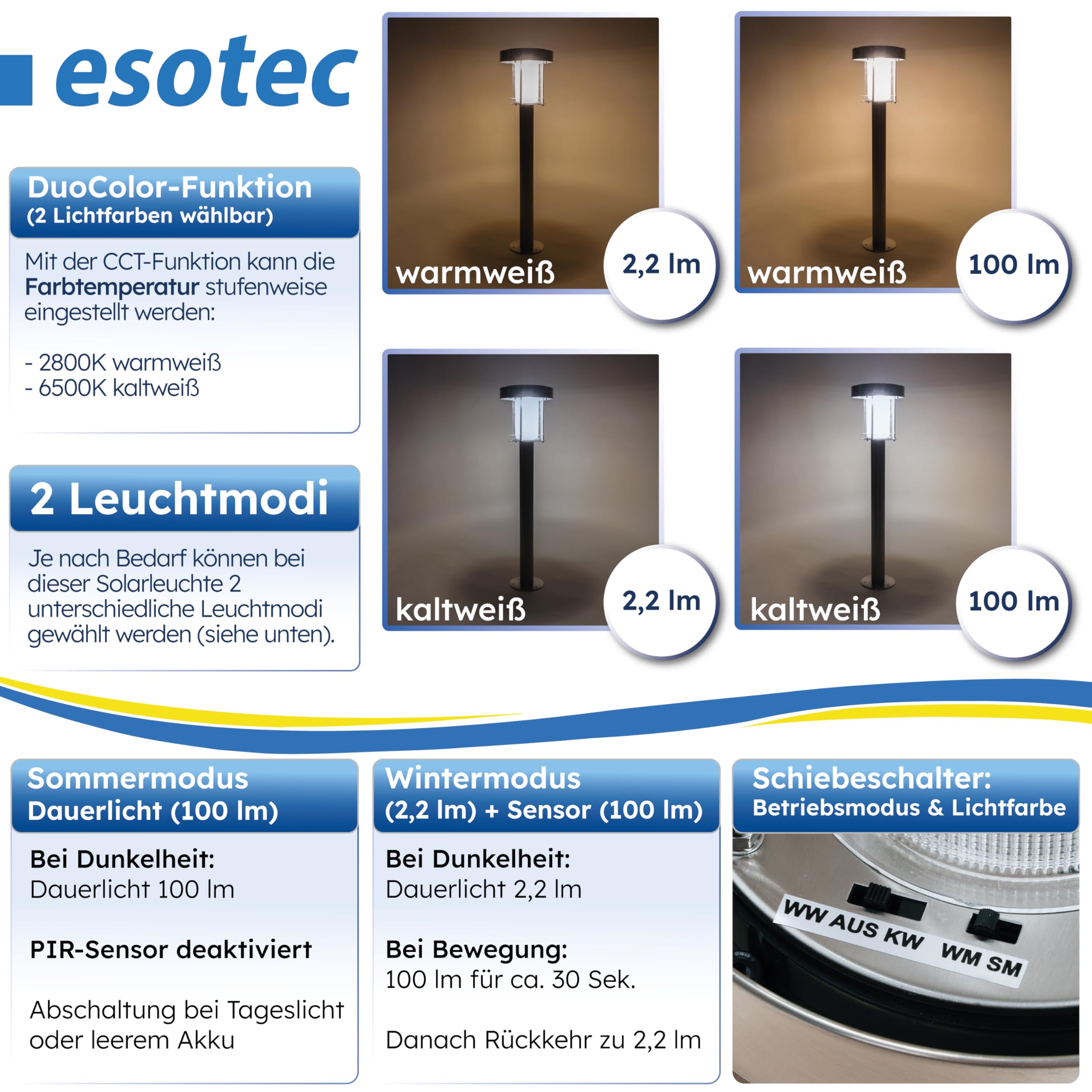 esotec Solar Wegeleuchte mit Bewegungsmelder Ancona, Gartenlampe Standleuchte für außen, DuoColor warmweiß kaltweiß, Edelstahl, H=71cm, IP44, 102534