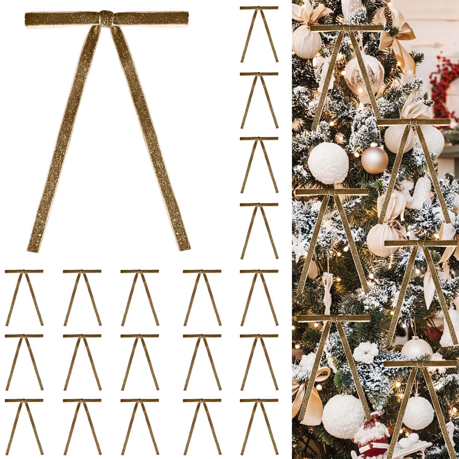 24 PCS Velvet Bows Christmas Ornaments Decorations, Sparkly Glittery Gold Brown Velvet Christmas Tree Bows Decor, Unique Vintage Elegant Xmas Home Holiday Decor for Tree Mantle Wreath Gift Wrapping