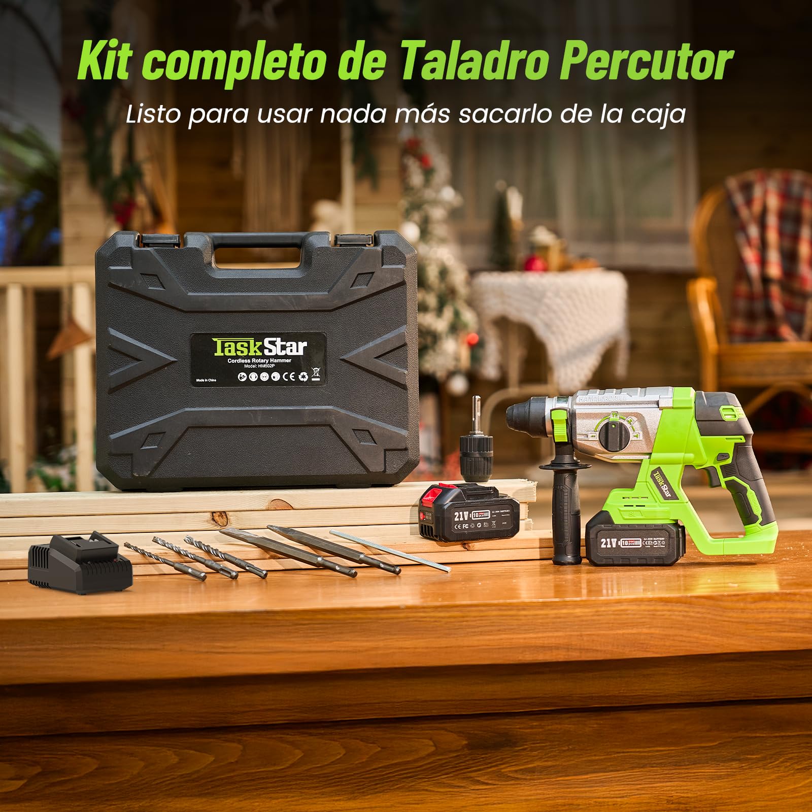 TaskStar 4 en 1 Martillo Perforador Inalámbrico 2.3J, Motor sin Escobillas, con 2 baterías de 4.0Ah 21V y cargador, Multifunción Taladro Percutor Portátil y Eficiente para Proyectos de Bricolaje