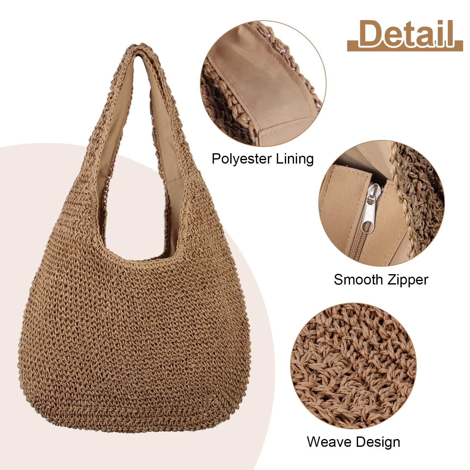 Bolso Tote de Paja Bolso de Hombro de Playa de Verano para Mujer, Monedero Informal Tejido a Mano de Gran Capacidad