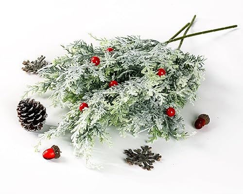 Miniatura 7 de Sggvecsy Paquete de 10 ramas de pino artificiales nevadas esmeriladas de cedro sintético de 19 pulgadas de largo, tallos de cedro de Navidad para