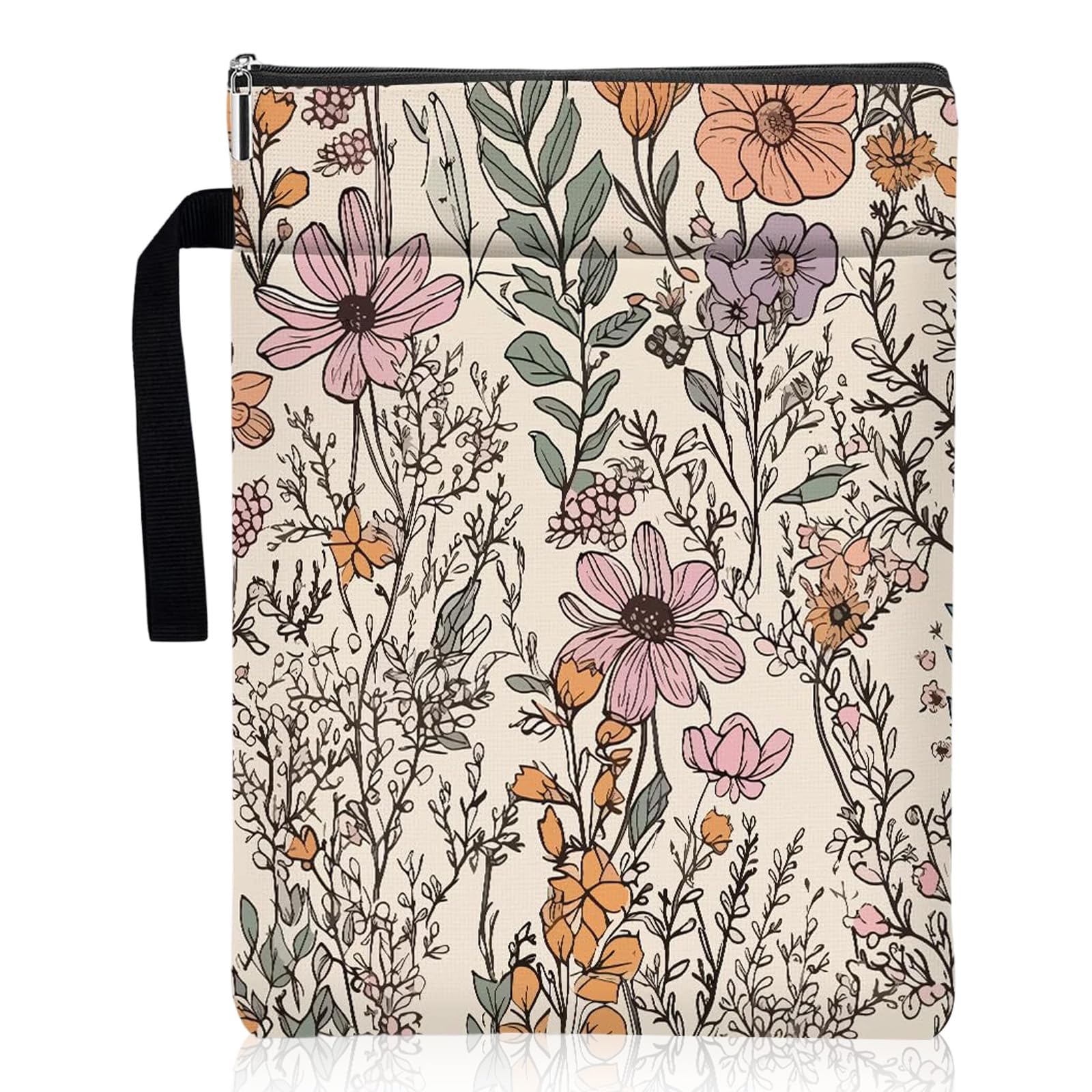 Flower Book Sleeve Pouch with Zipper, Linen Book Protector for Paperbacks with Front Pocket Washable Fabric Cloth Book Bag Bookish Gift 29.5×21cm/11.61×8.27in
