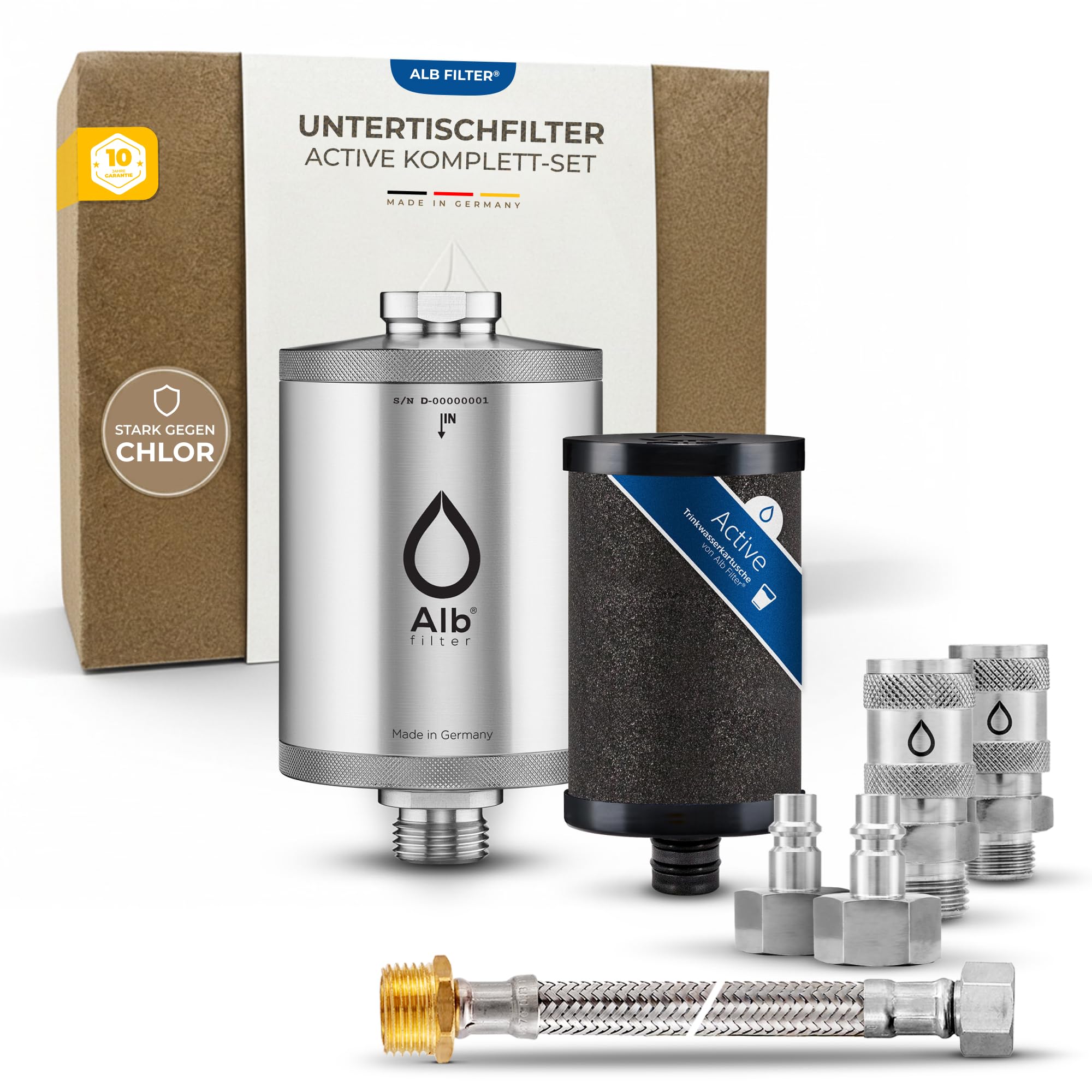 Alb Filter UNTERTISCH ACTIVE Wasserfilter Küche Edelstahl Natur | Reduziert Schadstoffe, Chlor & Geschmack, Untertischfilter Küche, Anschluss-Set Schnellkupplung, Made in Germany