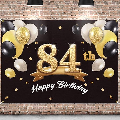 Telón de fondo de pancarta de feliz cumpleaños 84, suministros de decoración de fiesta de cumpleaños 84 para hombres, color negro y dorado, 4 x 6