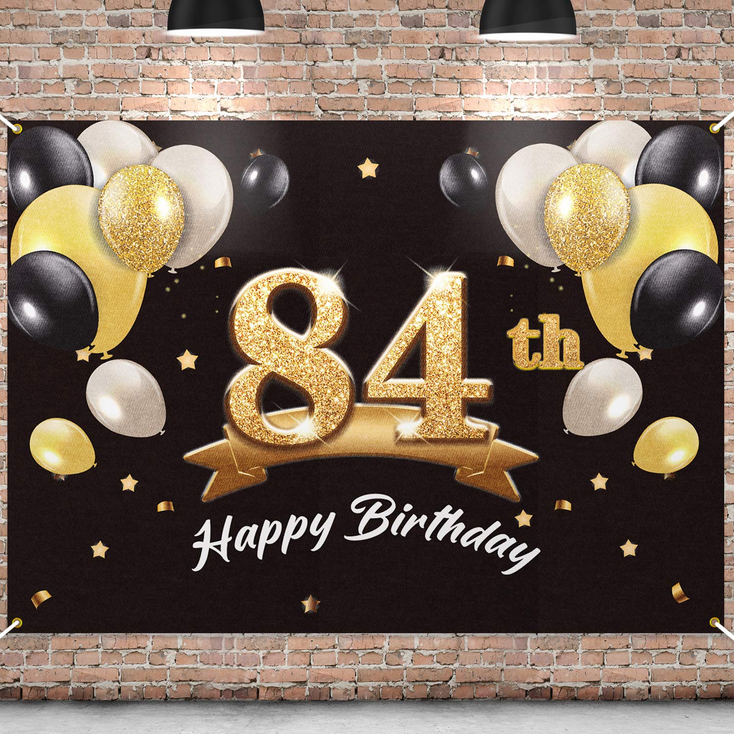 PAKBOOM Happy 84th Birthday Banner Backdrop - 84 Birthday Party Decorations Supplies for Men - Black Gold 4 x 6ft