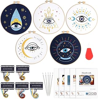 5 Sets Evil Eye Embroidery Starters Kit for Adults Stamped Cross Kits for Beginners with Evil Eye Mystery Pattern 5 Embroidery Cloth with Patterns, Hoop, Needles, Threads, Manual Embroidery Kit