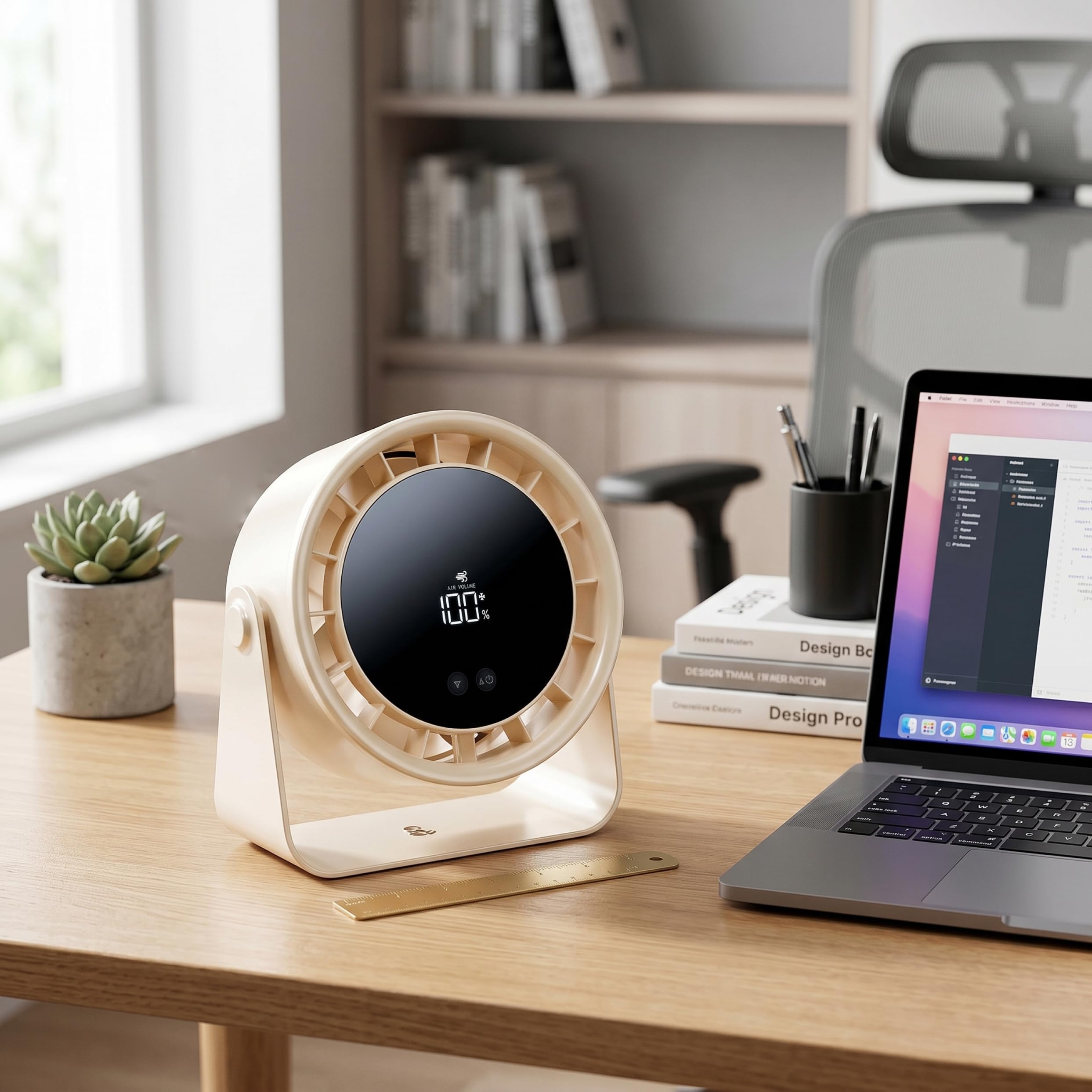 Ventilatore da scrivania silenzioso, ventola di raffreddamento silenziosa a 5 pale Ventole oscillanti ricaricabili tramite USB per dormitorio di home office, comodino beige per ufficio silenzios