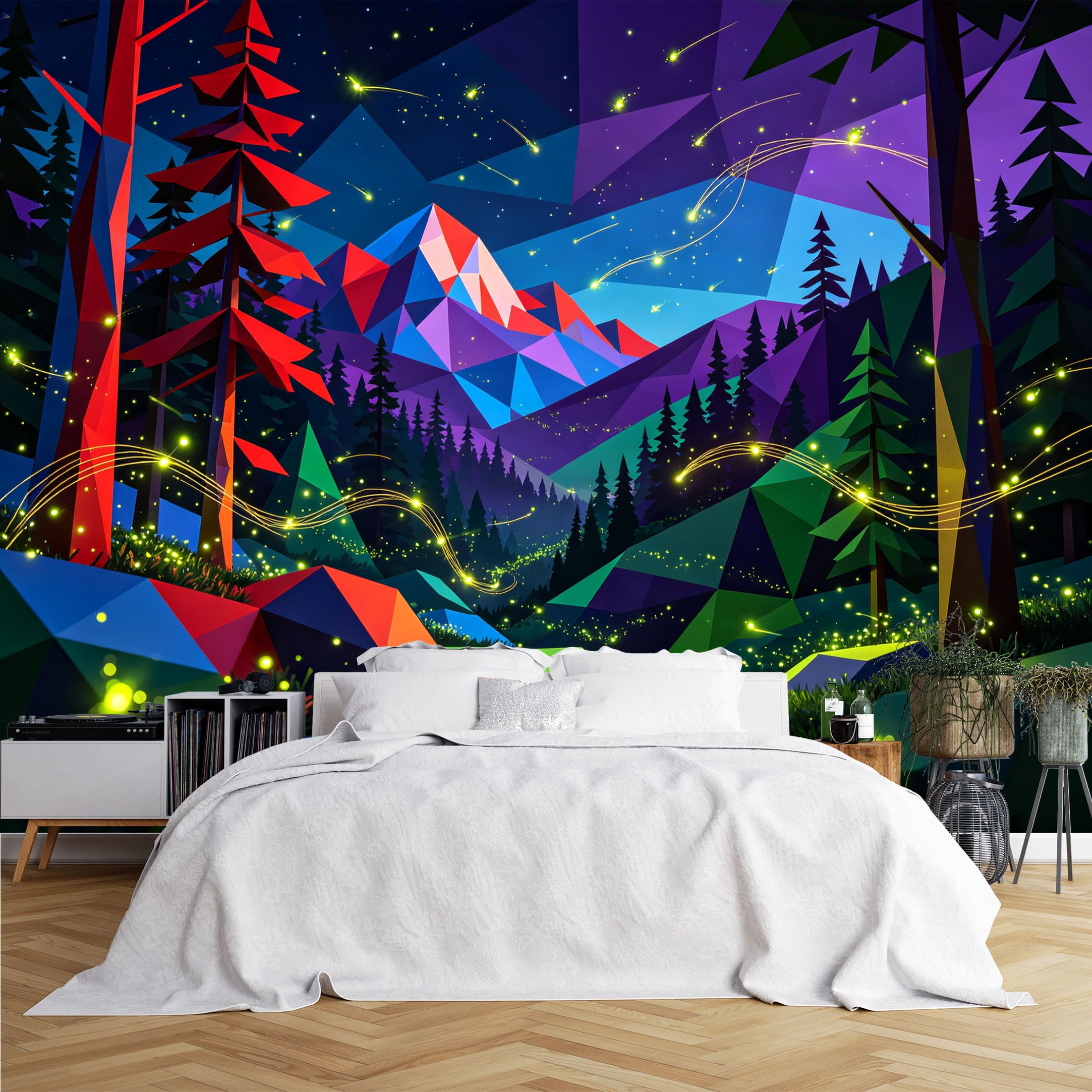 Lcythiazole Ch260615007 Custom Size Wall Murals Low Poly Geometric Mountain Forest Wall Murals Colorful Polygon Firefly Night Scene Wallpaper Self-Adhesive Removable Wallpaper For Kids Room