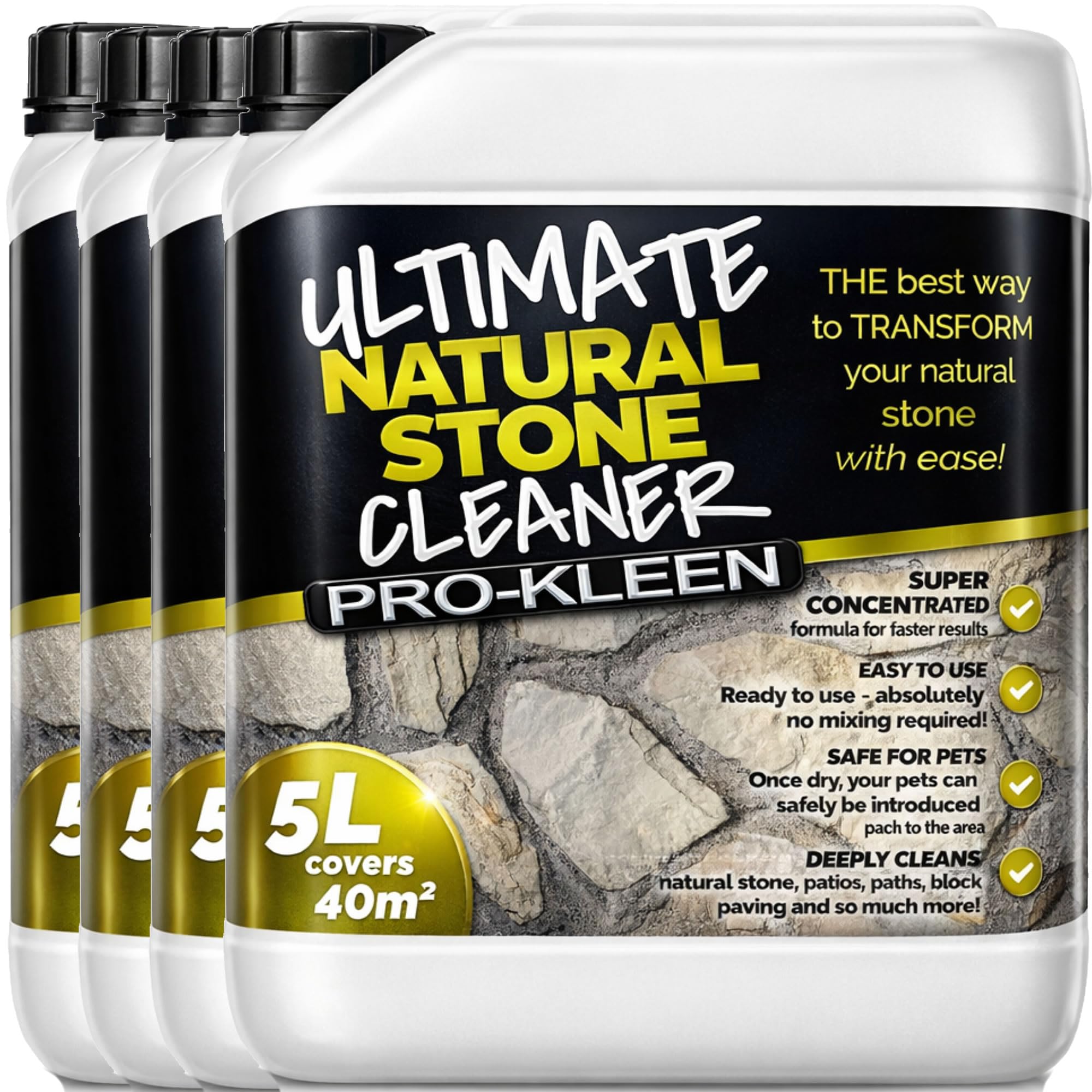 Pro-Kleen Natural Stone Cleaner 4 x 5L - Removes Dirt, Lichen, Moss & Weather Staining - For Natural Stone, Indian Sandstone, Block Paving, Patios, Paths, Driveways & More - Covers up to 160m²