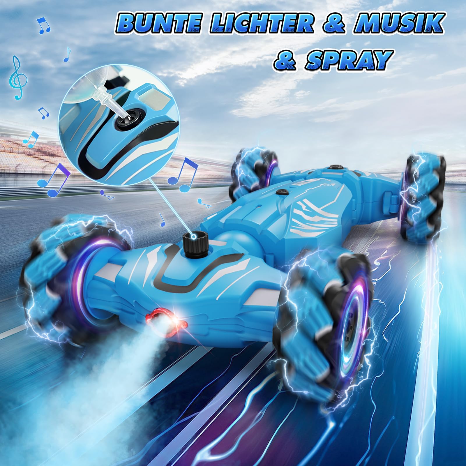 Dysaim Ferngesteuertes Auto ab3+ jahre, 4WD RC Auto mit Handsteuerung, 2.4Ghz 360°Drehung Drift Stunt Car mit Licht Musik Spray, Weihnachten Geschenke Spielzeug für Jungen Mädchen, Blau