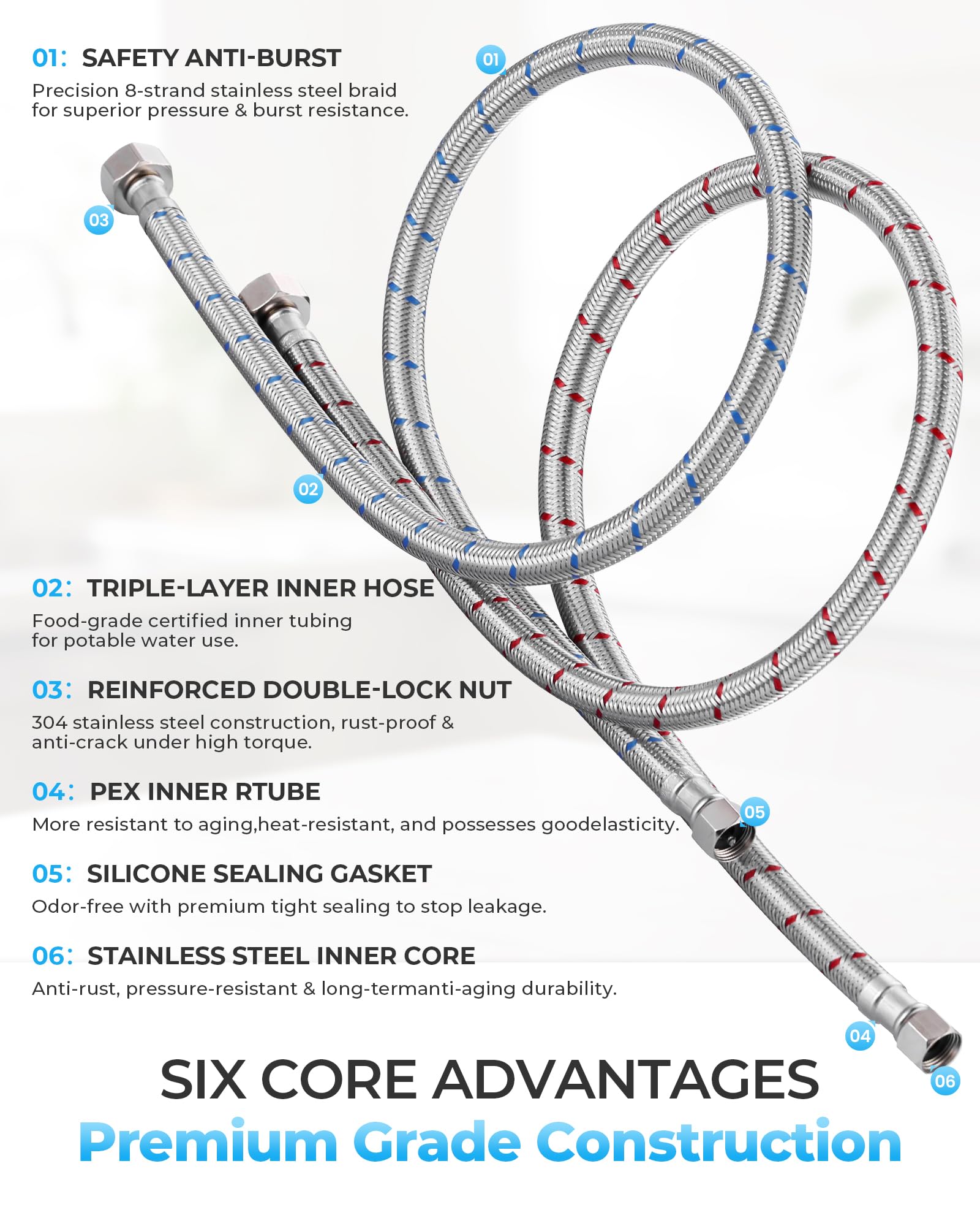Conduites d'alimentation de robinet de 182,9 cm : connecteur de tuyau flexible tressé en acier inoxydable – Compression de 0,95 cm x 1,27 cm – Conduites d'alimentation en eau FIP pour robinet