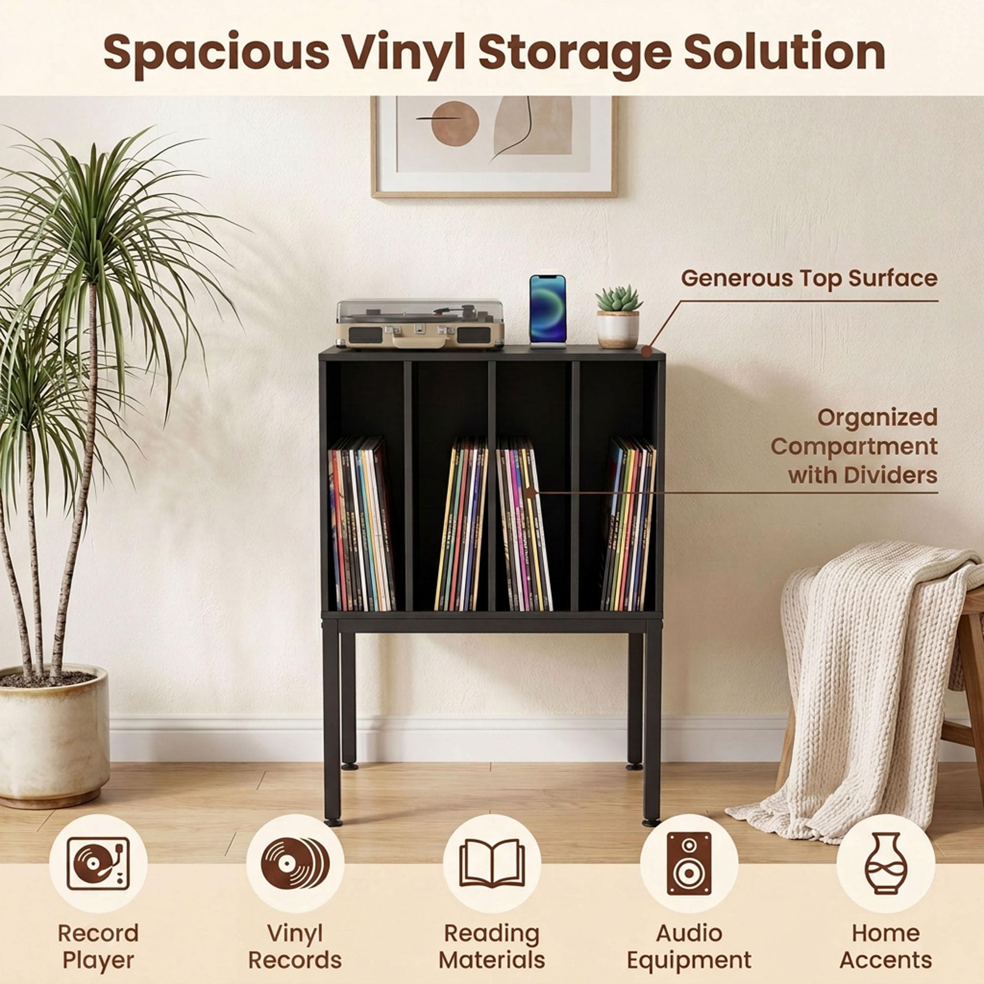 KOMFOTTEU Supporto per Giradischi in Vinile con Stazione di Ricarica (Nero) | Struttura Legno-Metallo, Piano Superiore + 4 Scomparti Porta Album, Design Moderno Multifunzione, 50x40x81 cm