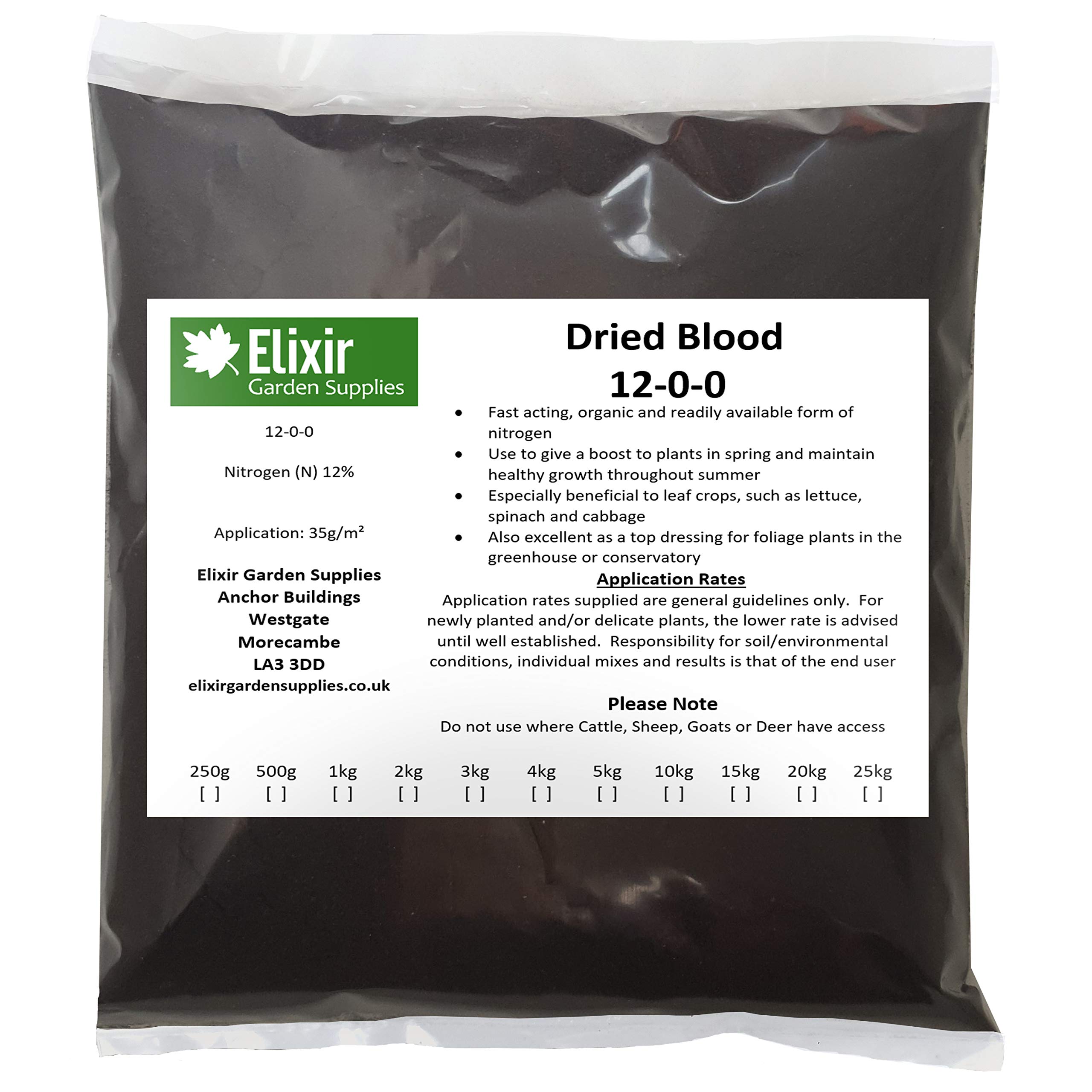 Elixir Gardens Dried Blood Organic Multi-Purpose Fertiliser 500g-25kg Sizes | N.P.K 12-0-0 | 3kg Bag | Treats over 80sqm