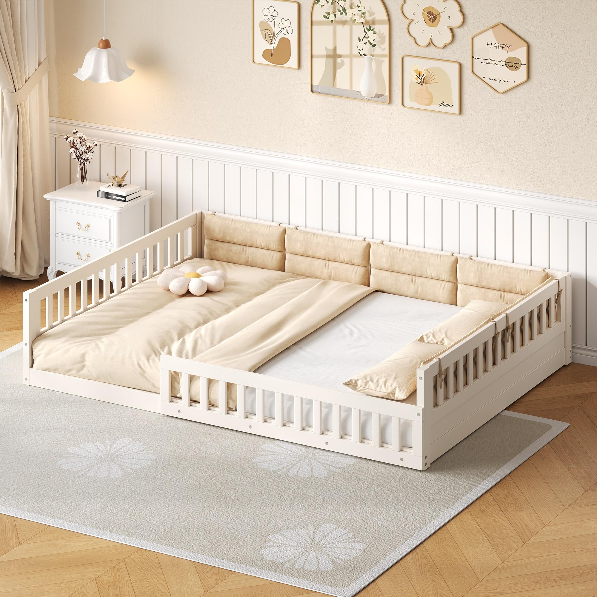 Merax Full Size Floor Bed, Kids Montessori Bed with Safety Guardrails, Solid Wood Playhouse Bed Frame with Fence and Pillow for Baby Girls and Boys,Beige