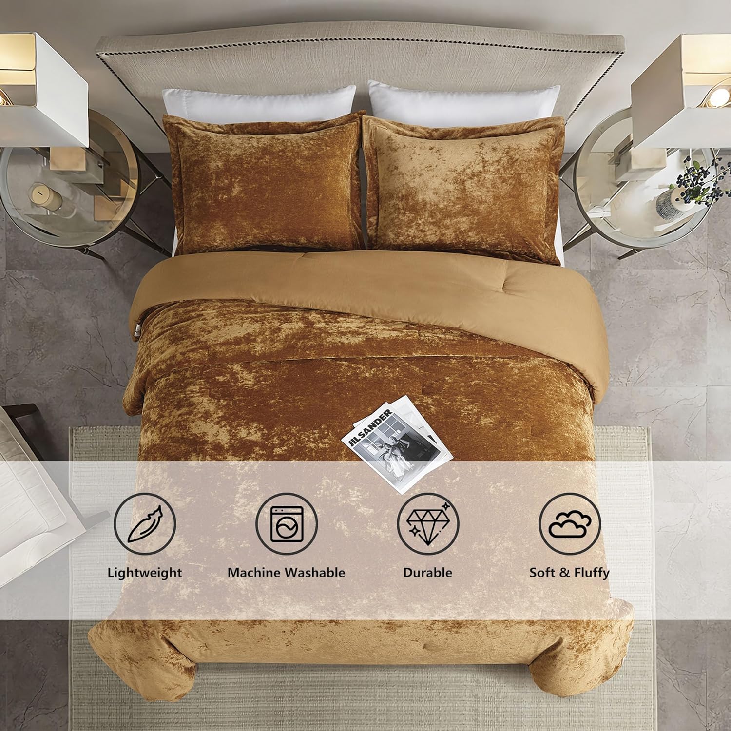 Luxury Velvet Queen Size Comforter Set, 3 Pieces Reversible Brushed Solid Microfiber Back, All Season Cozy, Soft, Warm(Caramel Gold,90x90 in) - Image 5