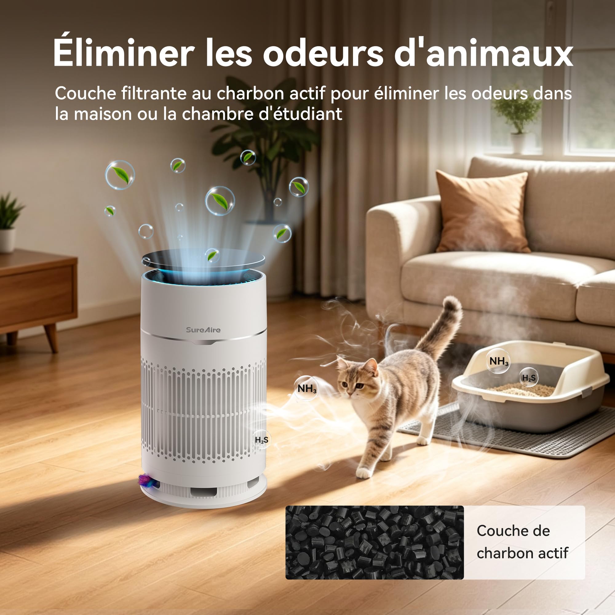 Purificateurs d'air pour chat avec filtre HEPA, purificateur d'air de bureau avec préfiltre remplaçable et teaser pour chat, filtres d'admission d'air à 360 ° Modèle: AP-D1-GP201-T