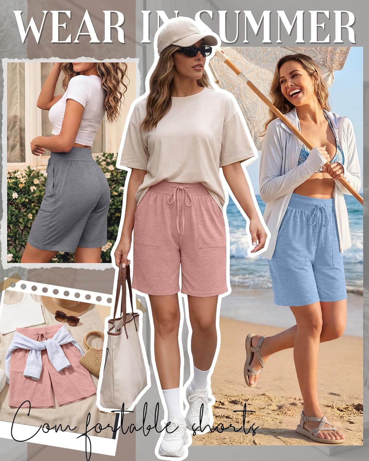 Locoowai 3 Pack Women's Bermuda Shorts High Waist Drawstring Knee Long Shorts Casual Lounge Athletic Bottoms with Pockets