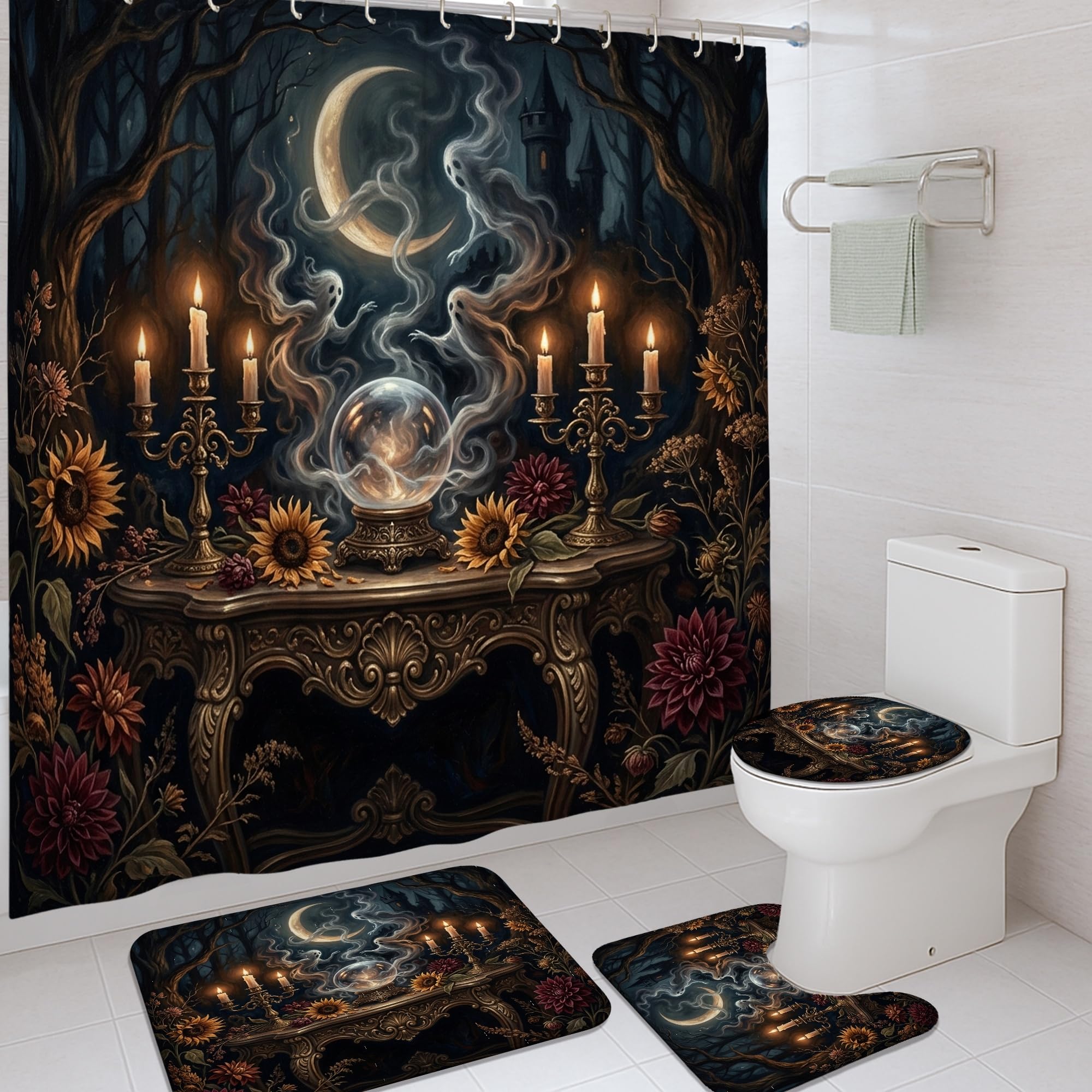 Rideau de douche et tapis de bain pour maison style Halloween