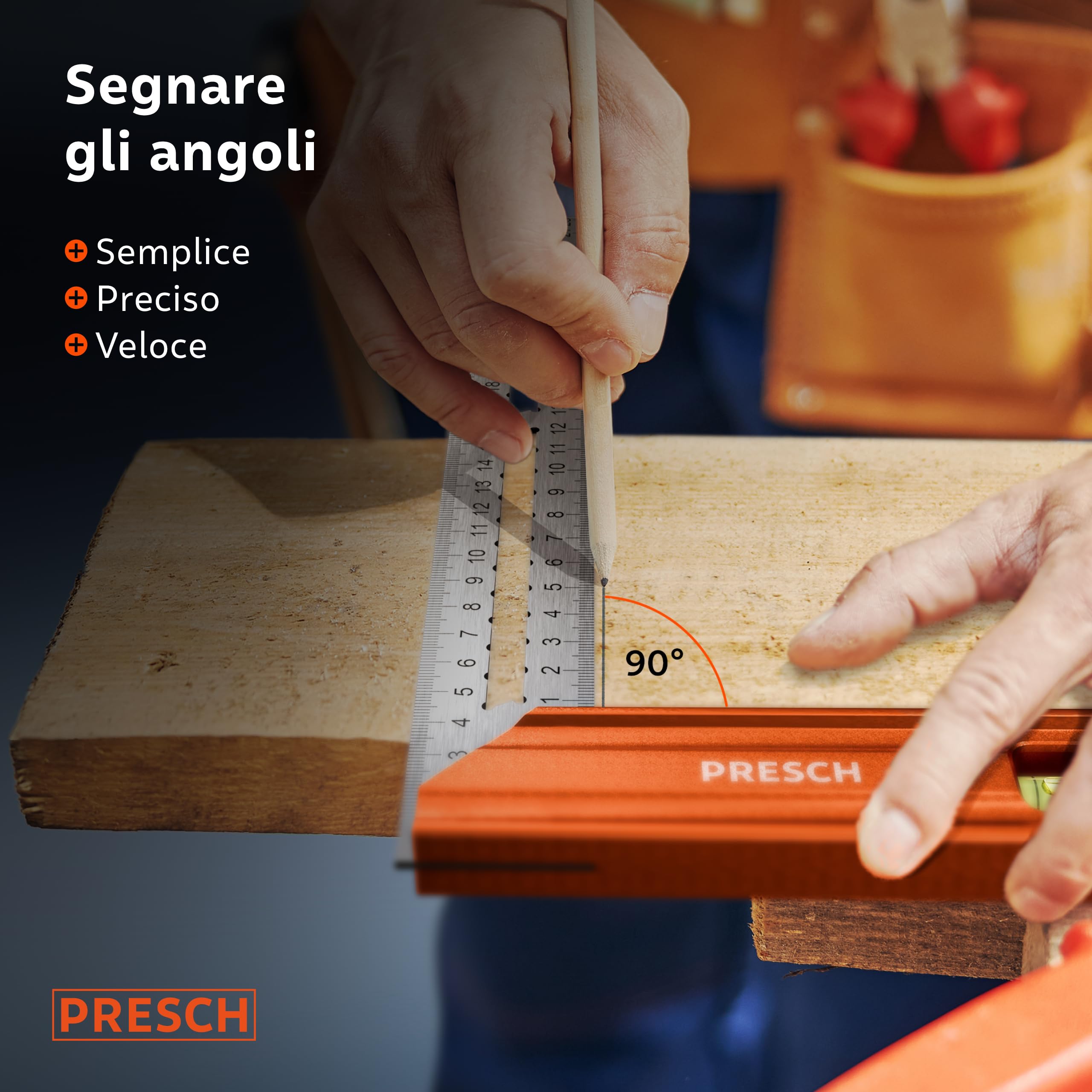 Presch Squadra da 300 mm 90° 45° con bolla di livello e indicatore di marcatura antiruggine