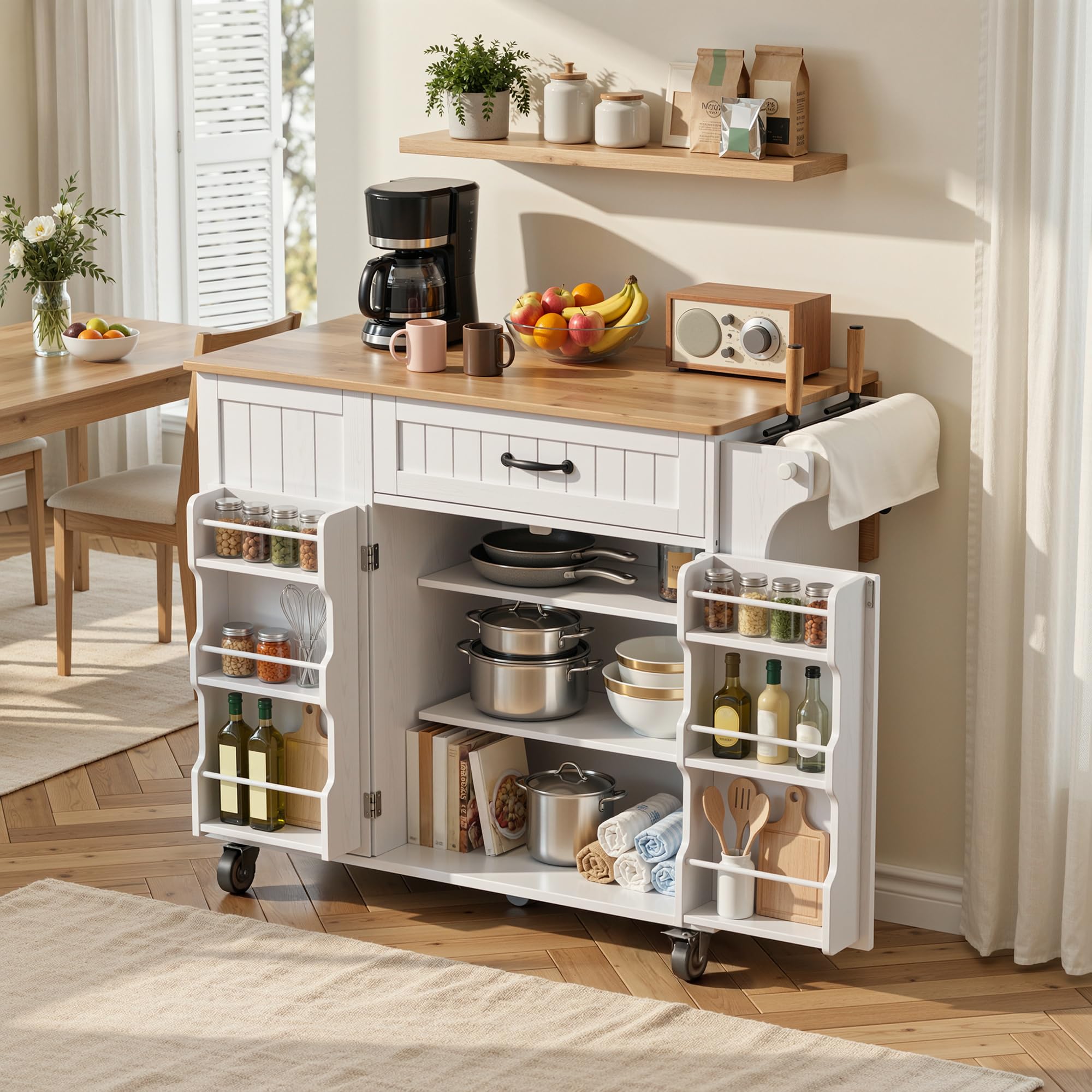 Xbro Isola Cucina con Piano di Lavoro Pieghevole e Ruote, Penisola Cucina Salvaspazio con Cassetto, Vano Pattumiera, Portacoltelli e Portasciugamani, Mobile Cucina 113 x 51 x 90 cm