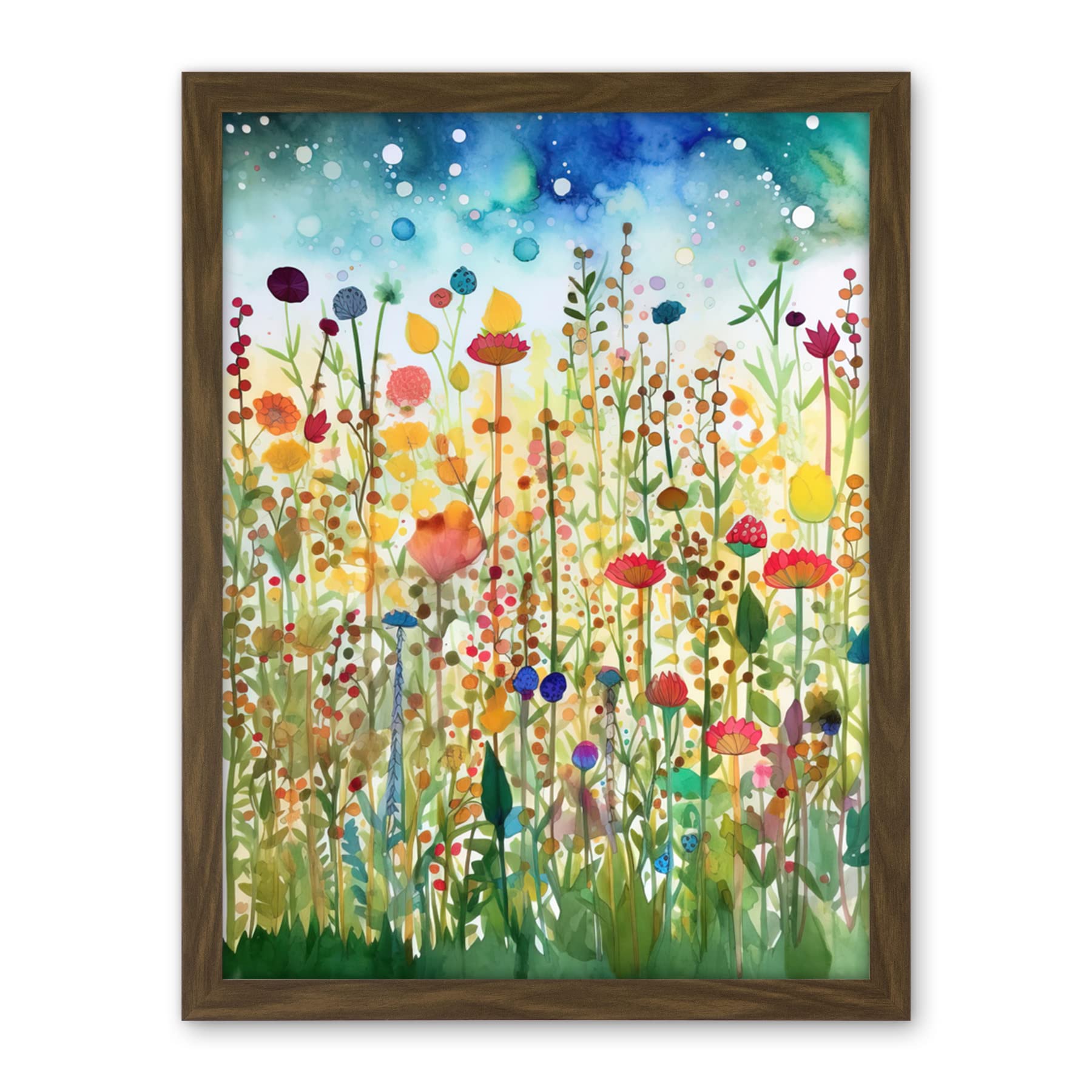 Artery8 Wildflower Meadow Folk Art Artwork Framed Wall Art Print 18X24 Inch
