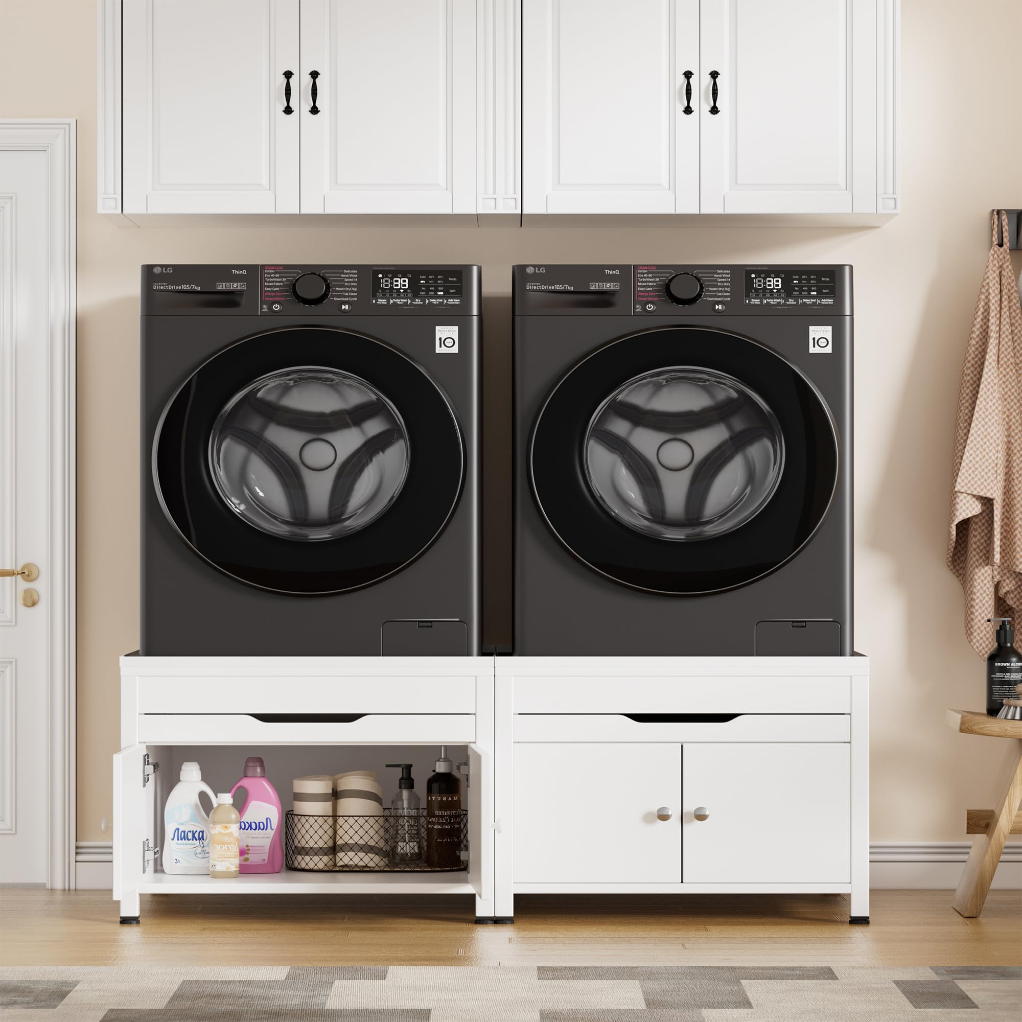 Waschmaschinenuntergestelle,Hochbelastbarer Untergestell für Waschmaschine und Trockner mit Ausziehregal&Verstecktem Stauraum,Ablaufwanne,Schlauch,Aus Robustem Metall&MDF,700 lbs Tragkraft,63*54*50cm