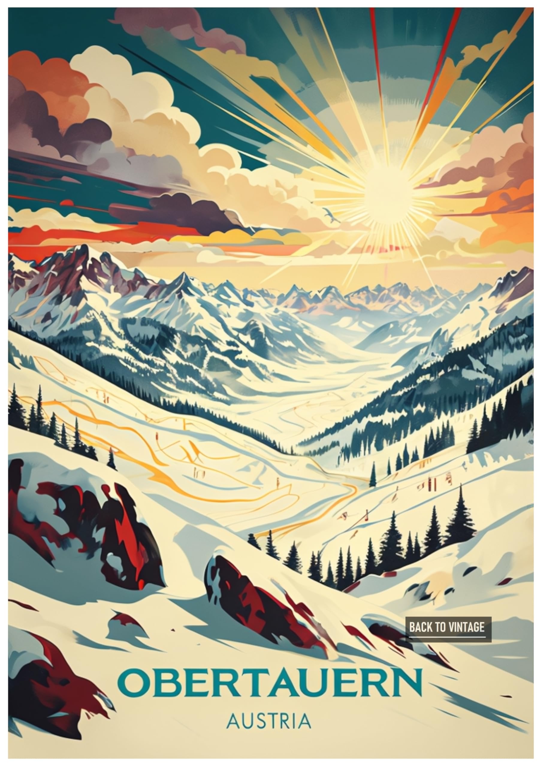 Vibrant Vintage Poster Illustration Of Obertauern Austria - Retro Europe Travel Poster A4 Size Vintage Wall Art Print of Famous European Destinations Ideal for Home or Office Decor