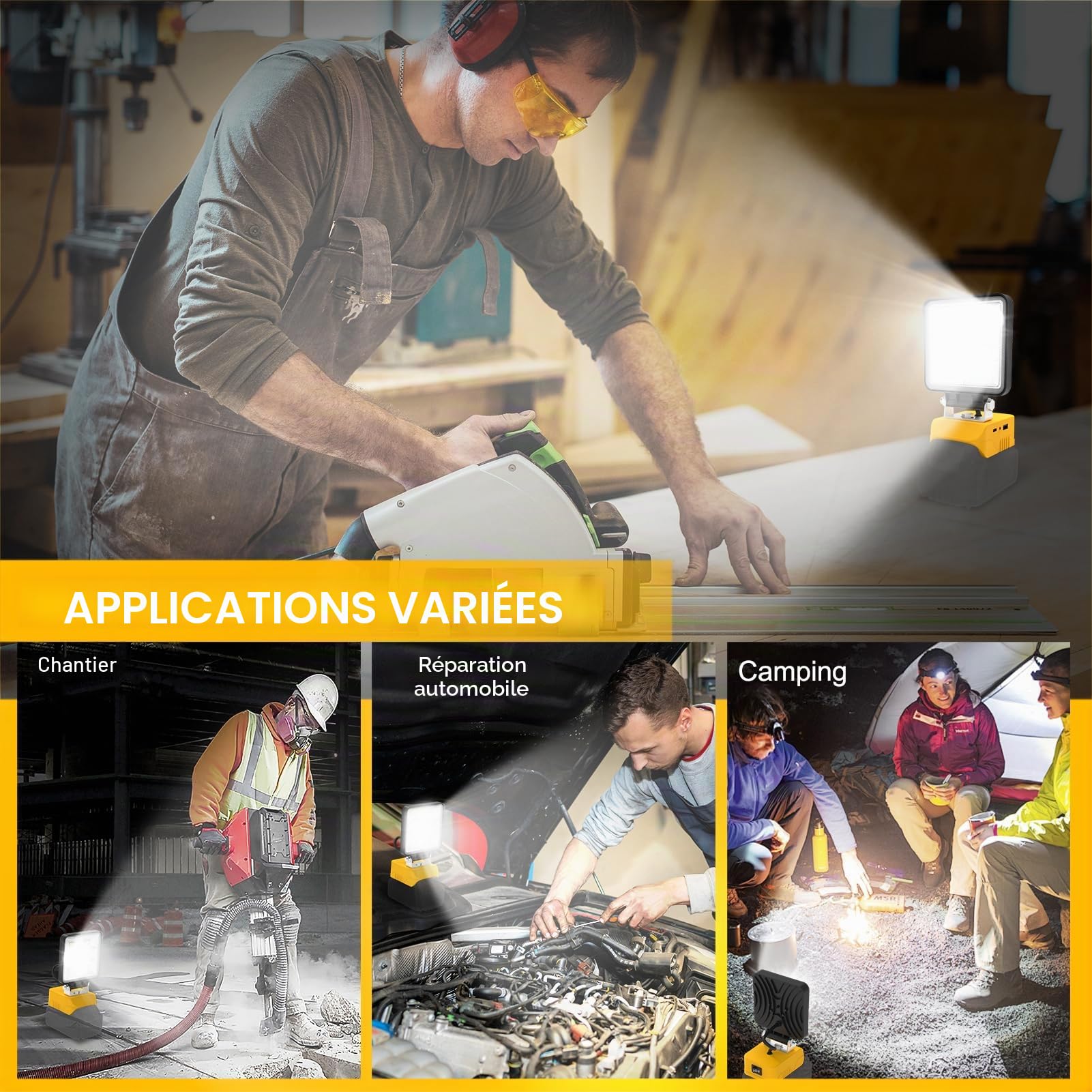 NATPOW Lampe de Chantier Compatible avec Dewalt 18V, Lot de 2 5200LM Projecteur, 2 Modes 6000K Lumière Portable avec Type C et USB pour Chantier, Garage, Camping, Pêche, Sans Batterie