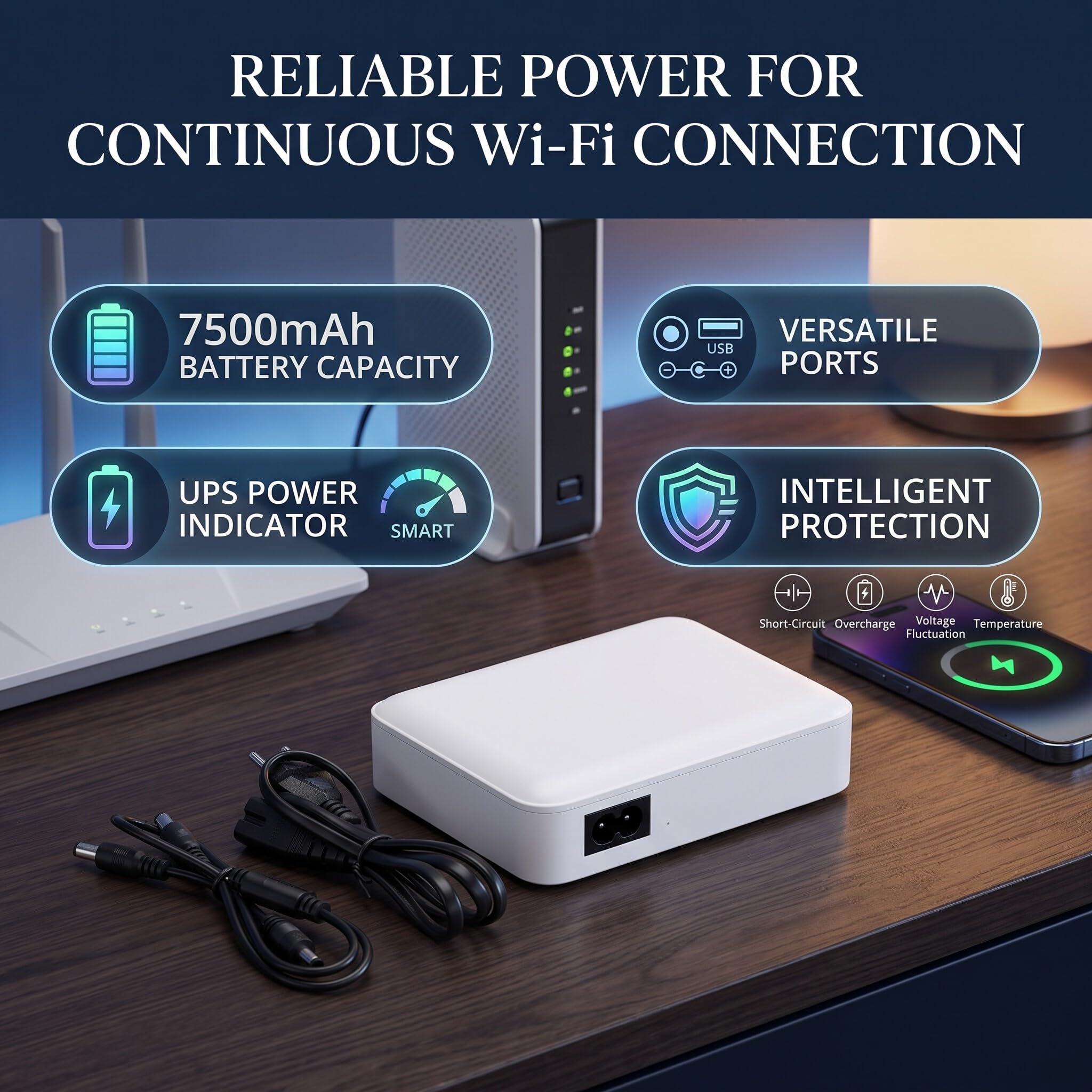 Modem Router Mini UPS 7500Mah Modem Uninterrupt Alimentare, Pacco Batteria di Backup DC 12V/9 V e 24W USB-A Output per Casa e Ufficio con DC 2A Max (Spina europea)