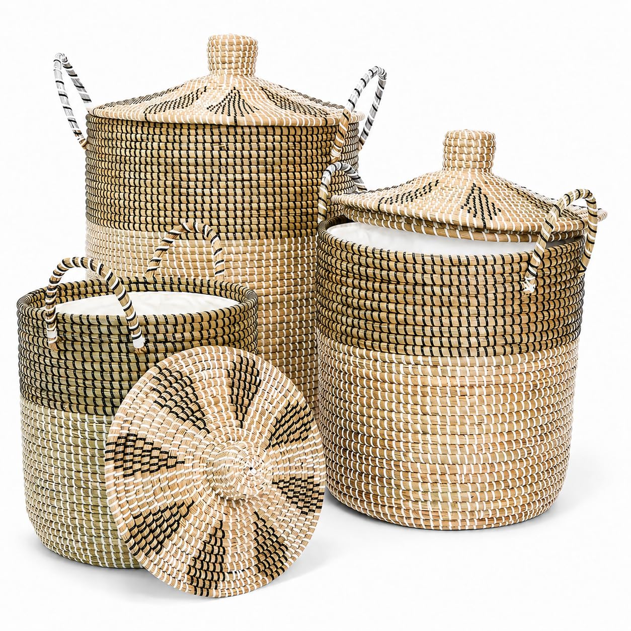 Panier de Rangement Herbe de Mer Artisanal Vietnam Set de 3 avec Doublure Amovible 75.99L/42.99L/25.65L