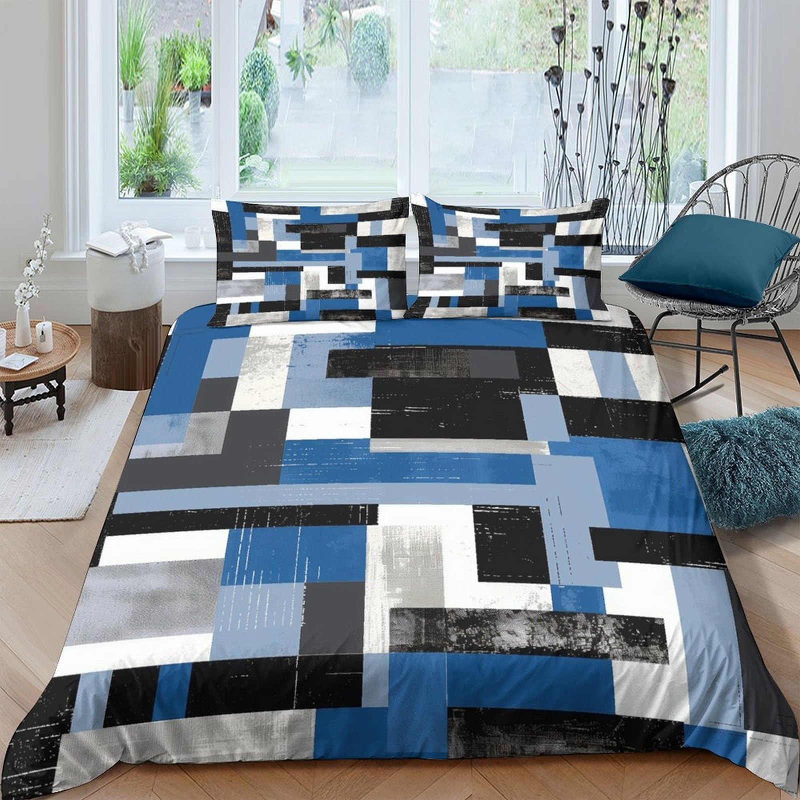 GPLZQXKJNH 3D Printed Geometric Patchwork Duvet Cover Microfiber Blue Black Bedding Set with 2 Pillowcases, Breathable for Bedroom Home Single（135x200cm）