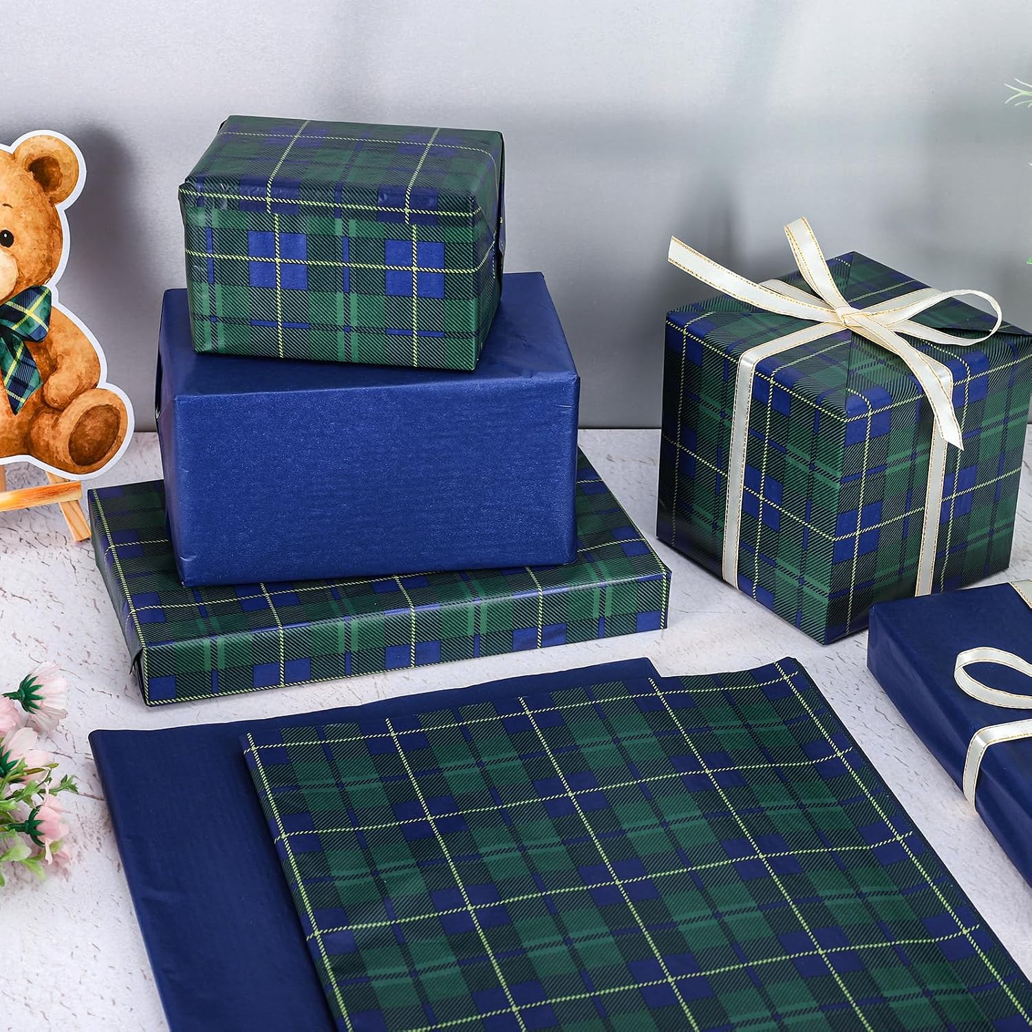 AnyDesign 100 Sheets Tartan Plaid Bear Tissue Paper Baby Shower Green Blue Plaid Gift Wrapping Paper DIY Art Crafts Tissue for Birthday Wedding Party Supplies, 13.8 x 19.7 Inch