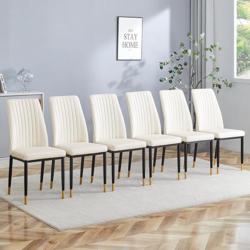 Miniatura 8 de Juego de 6 sillas de comedor modernas, Juego de 6 sillas de comedor con cuero PU y patas cromadas de respaldo alto, sillas de metal Sillas para