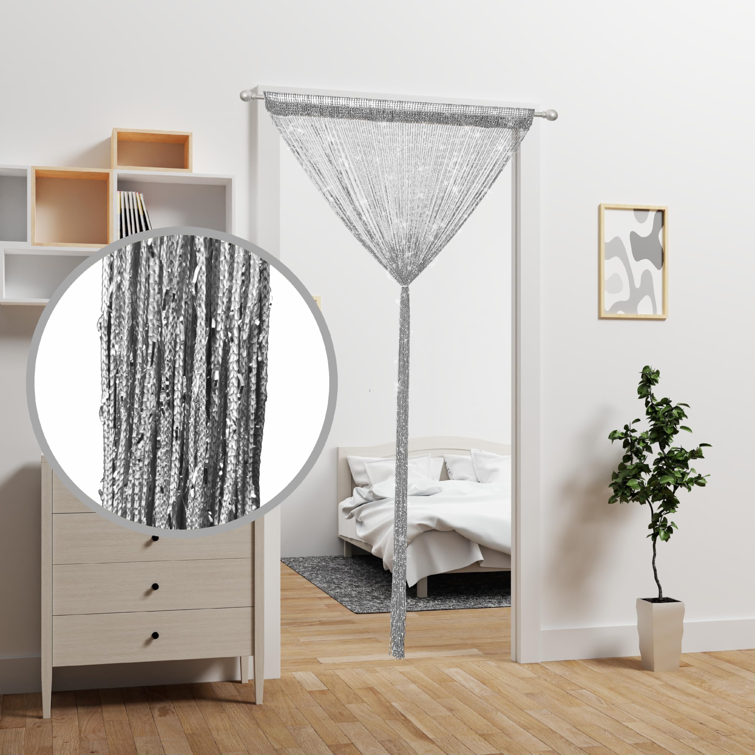 Lot de 4 rideaux à ficelles à franges à paillettes pour porte, séparateur de pièce à suspendre, décoration hippie à paillettes, décoration de placard, fenêtre, mur, portes de style bohème (argent, 99