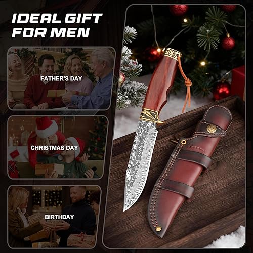 Miniatura 7 de Cuchillo de caza de Damasco YU-LN-DAMAS, 10.63 pulgadas, hecho a mano, VG10, 67 capas, cuchillo de hoja fija de Damasco con funda de cuero real,