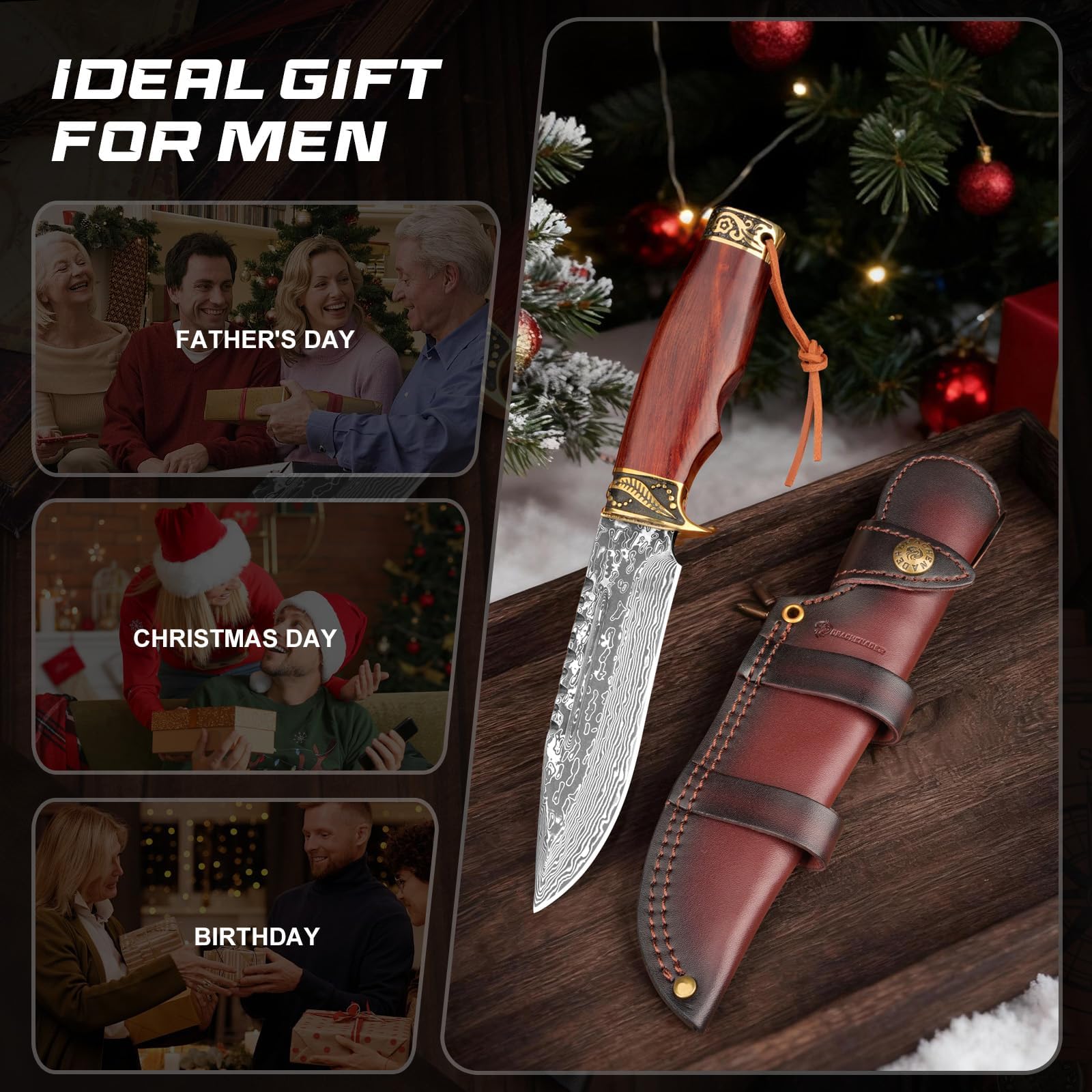DRACHENADER Jagdmesser – 67 Lagen Vg10 Damaststahl, Handgeschmiedet, 14,7 cm Feststehende Klinge Messer, Outdoor Survival Gürtelmesser mit Lederscheide und Holzgriff (B- Damast Stahl Klinge)