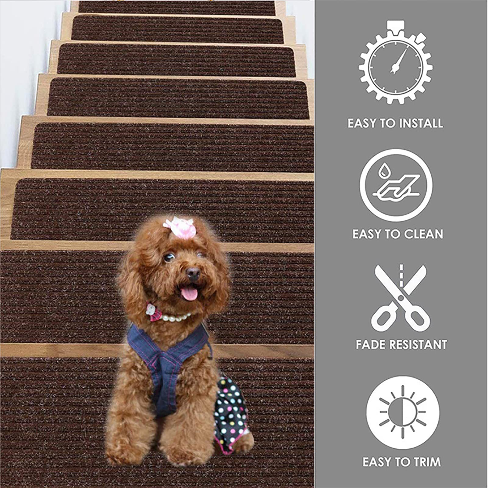Générique Tapis Escalier Moquette Lot de 15 Marches d'escalier Auto-adhésif Marchettes d'escalier Antidérapantes pour Marches en Bois