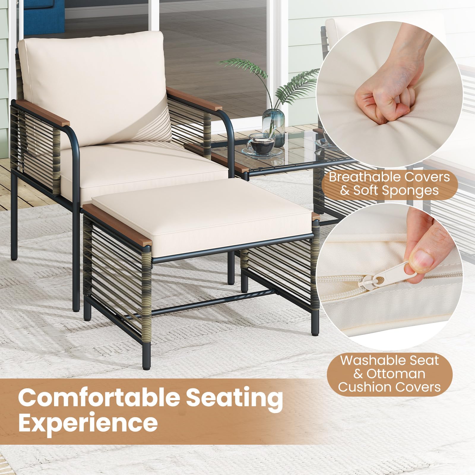 GIANTEX Set Salotto da Giardino Esterno 5 Pezzi con Cuscini, Mobili da Giardino in Rattan con 1 Tavolino in Vetro Temperato, 2 Sedie e 2 Ottomani, per Balcone, Terrazza, Patio (Beige)