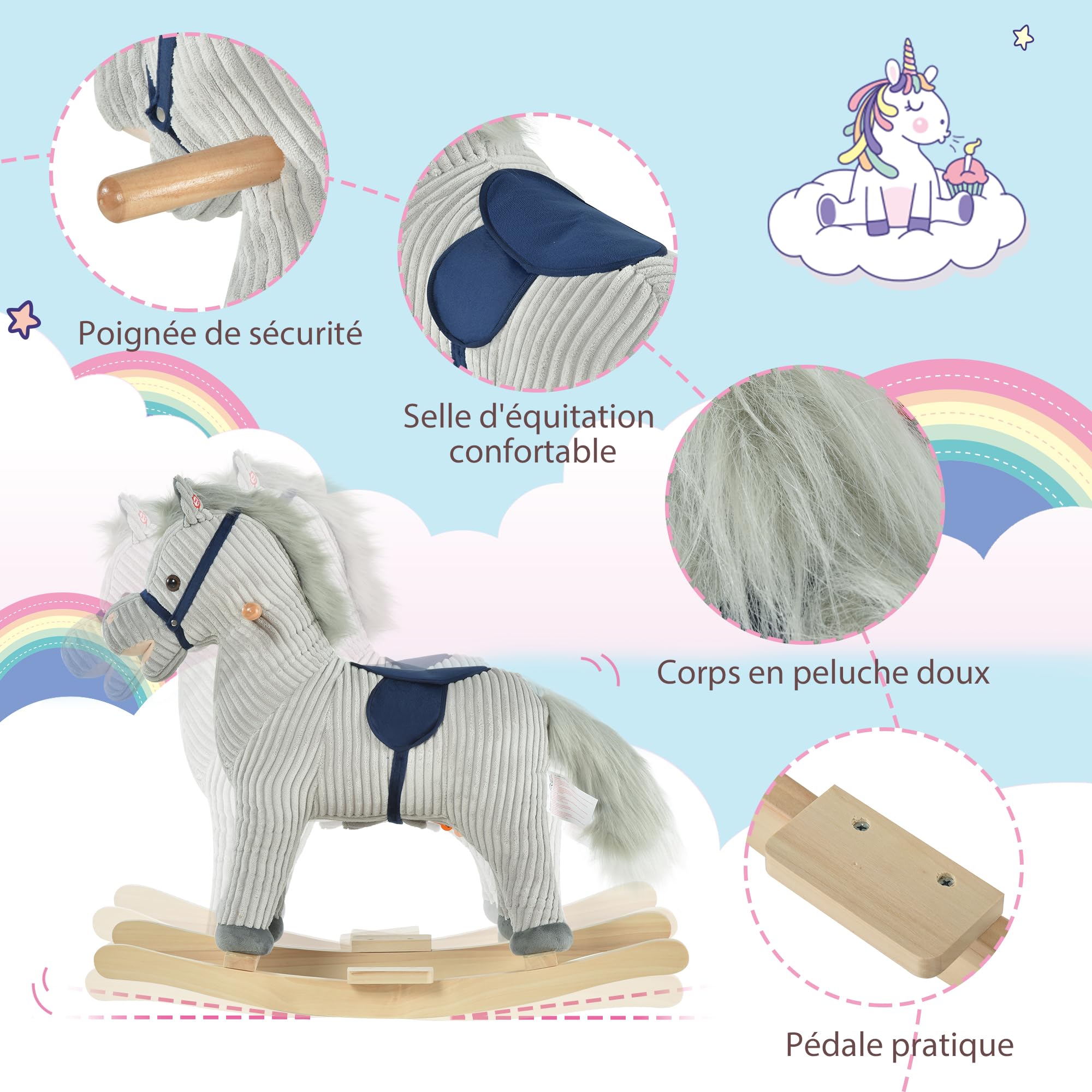 HOMCOM hobbelpaard voor kinderen baby schommeldier paard met dierengeluiden speelgoed handgrepen voor 36-72 maanden pluche bruin 65 x 32,5 x 61 cm